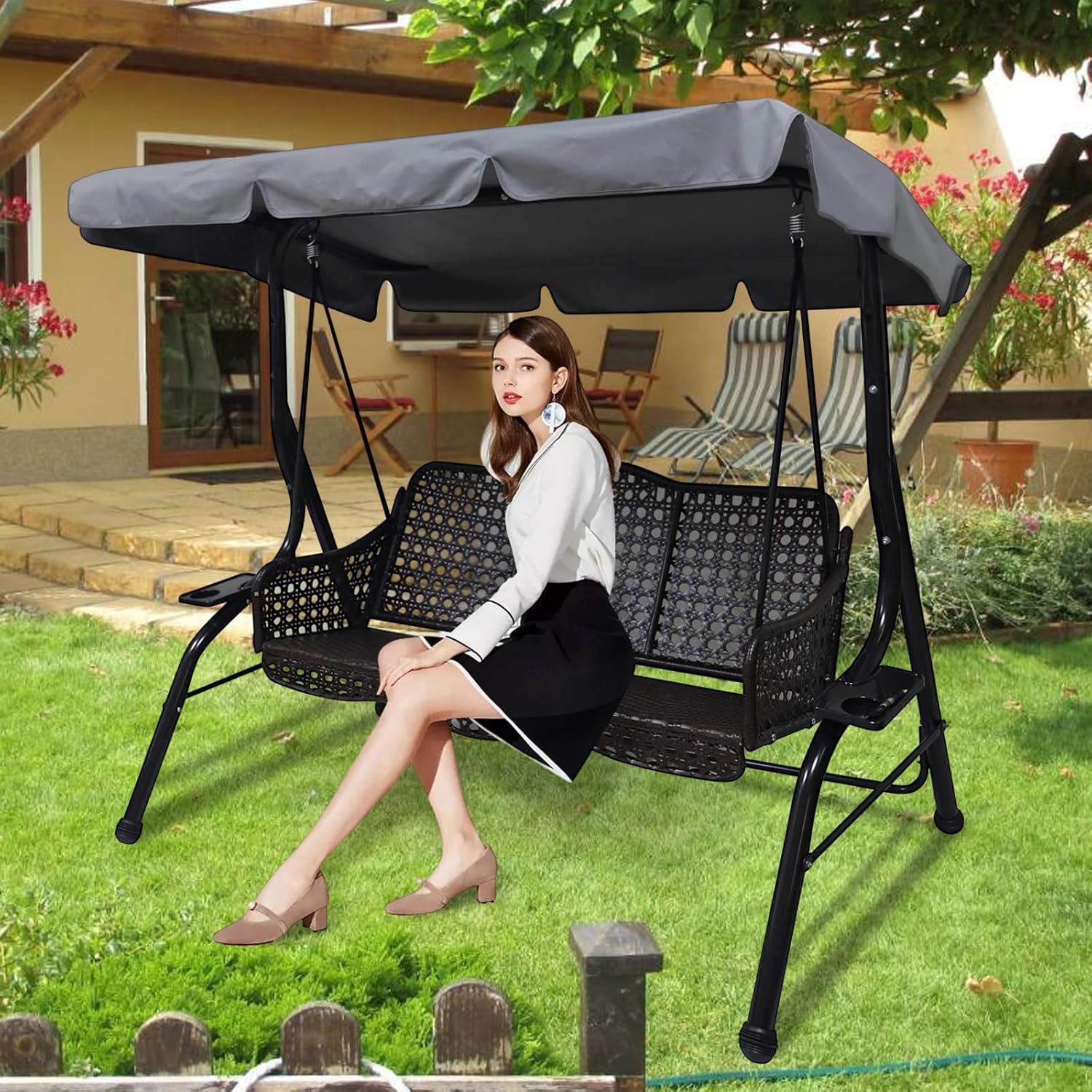 Patio Swing Chair Canopy Replacement,3 Seat Outdoor Porch Swing Seat Canopy Cover,Waterproof Windproof Anti-UV Heavy Duty Rip Proof Garden Hammock Top Cover,Garden Furniture Cover Outdoors,S
