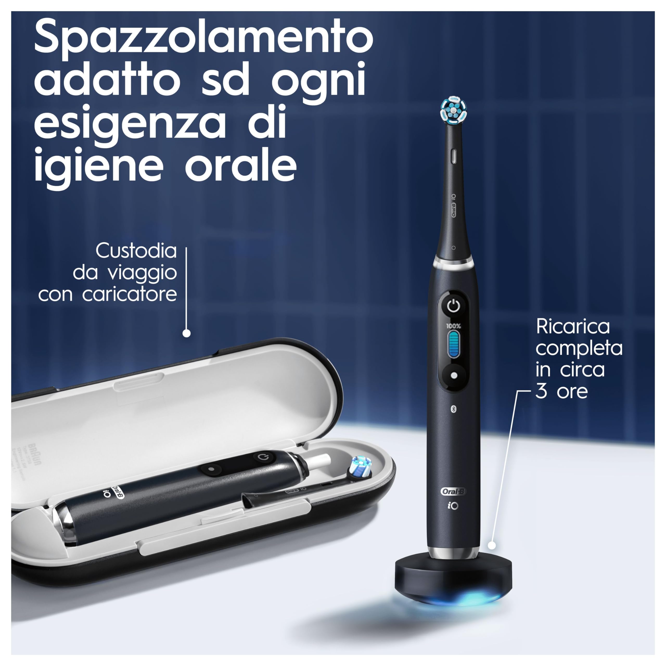 Oral-B iO 9 Spazzolino Elettrico Ricaricabile, 1 Testine di Ricambio, Nero | 1 Testina di Ricambio per Spazzolino Elettrico, Custodia da Viaggio Ricaricabile, Gengive Protette, Pulizia Denti Efficace