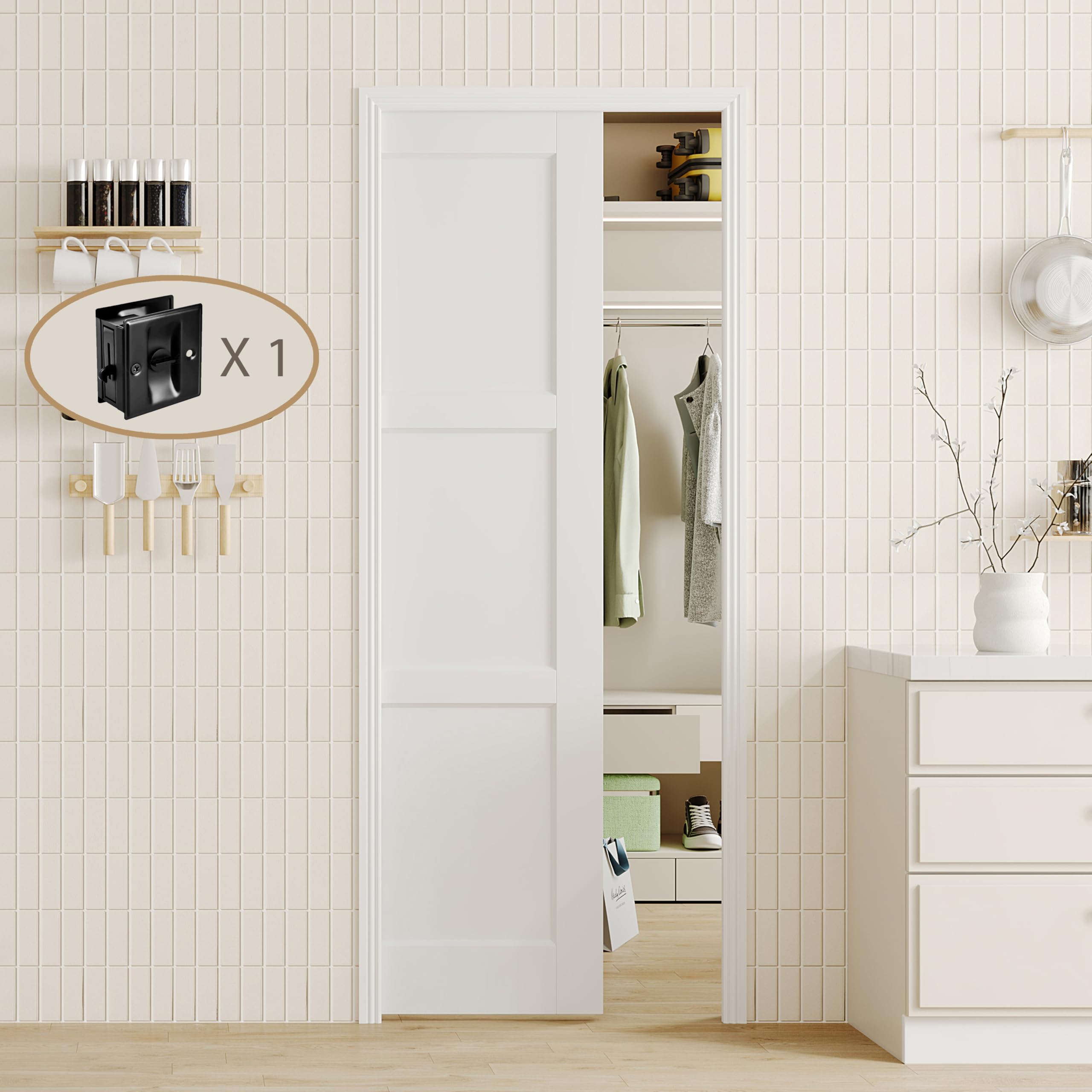 Sliding Pocket Door, 30 in. x 80 in, 3-Panel Core with Frame and Hardware Kit Set, Interior Doors Slab for Pocket Door, White Primed - No Panel Assembly Required