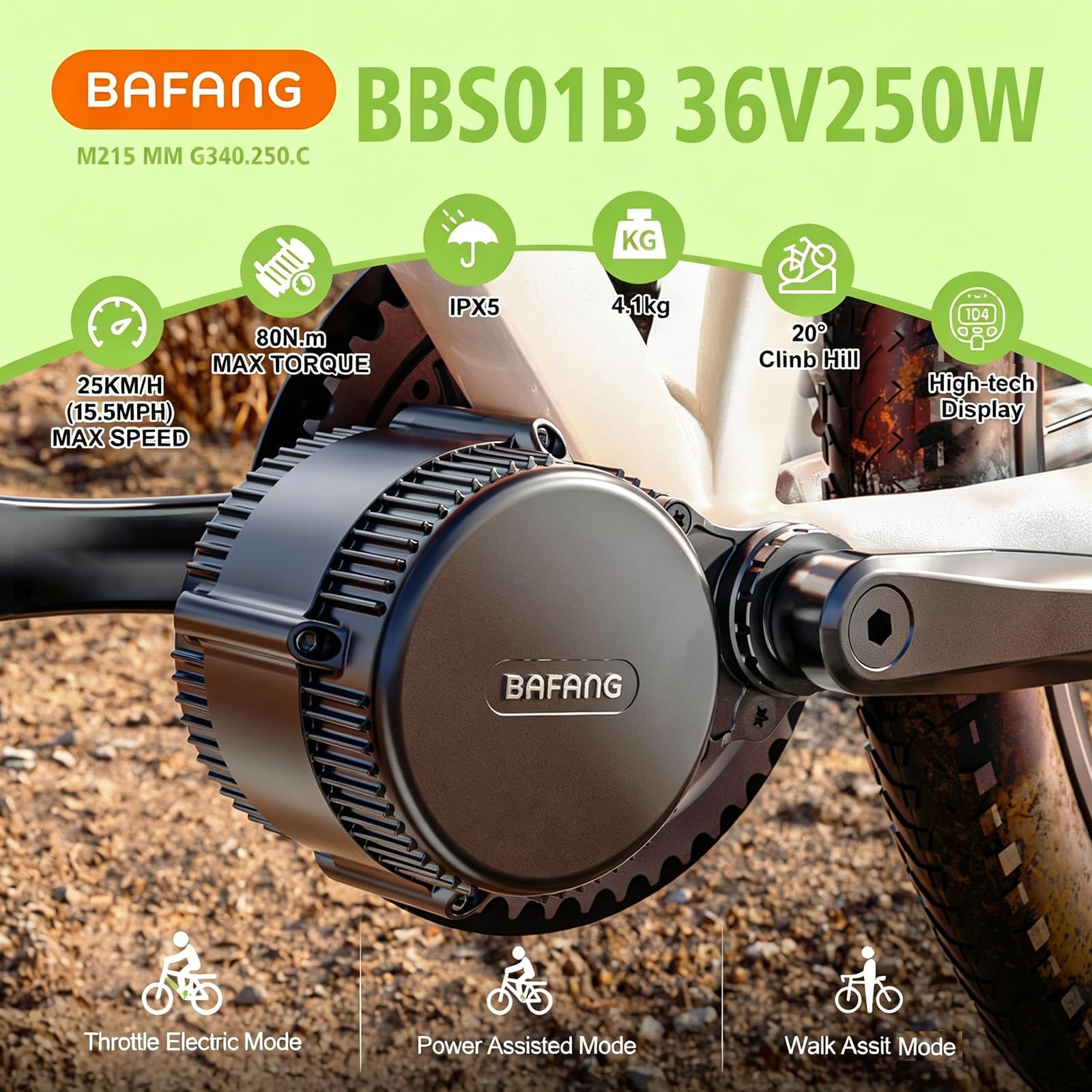 BAFANG BBS01B Zestaw do konwersji roweru elektrycznego – zestaw silnika centralnego 36 V 250 W z półką 44T i wyświetlaczem LCD VD618, kompatybilny ze wspornikiem dolnym 68/73 mm (akumulator nie jest