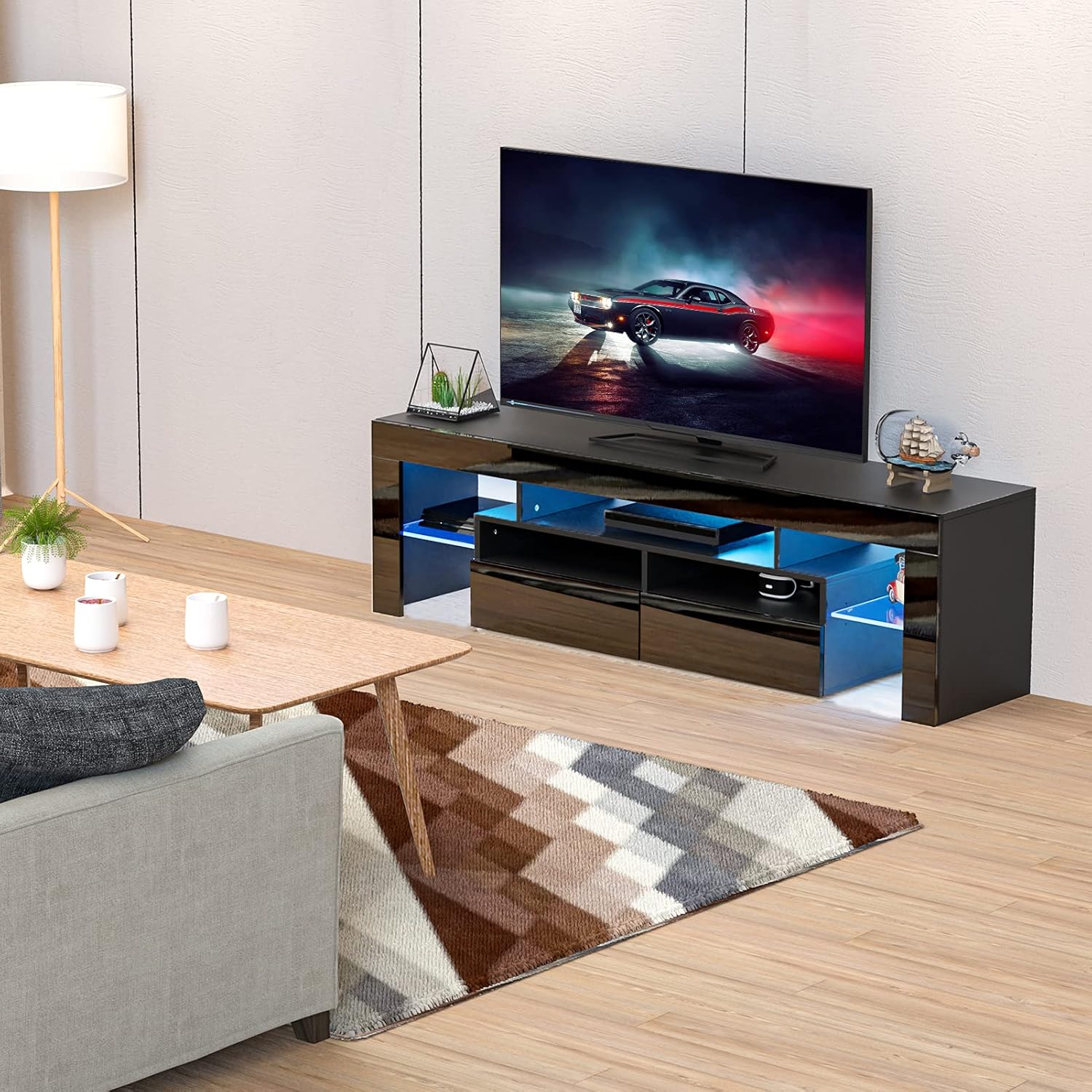 LED TV Stand for 60/65/70inch TVs, Modern Entertainment Center with Storage Drawers and LED Lights, High Glossy Entertainment Stand Light for Video Gaming Movies Home Decor (Black)