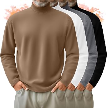 4 Pack Mens Mock Turtleneck Shirts, Long Sleeves Thermal Pullover Sweater Casual Undershirt Loose Fit Tops