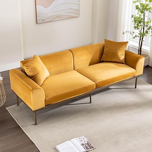 RIDFY Moderno sofá biplaza de 83 pulgadas con patas de metal, sofá biplaza de terciopelo copetudo con dos almohadas, sofá de mediados de siglo con