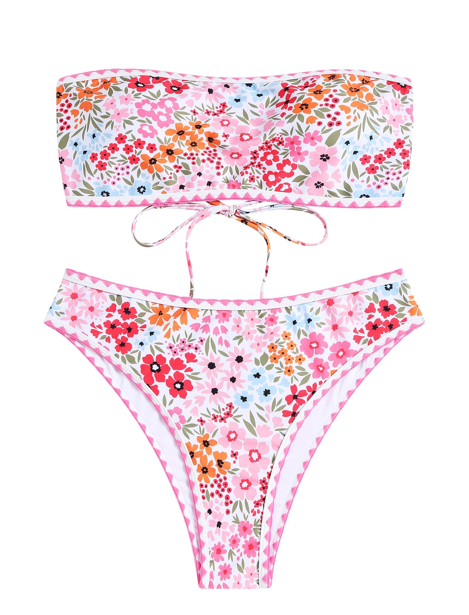 ZAFUL Maillot de bain 2 pièces texturé taille haute avec lacets dans le dos, rembourré, taille basse, pour femme