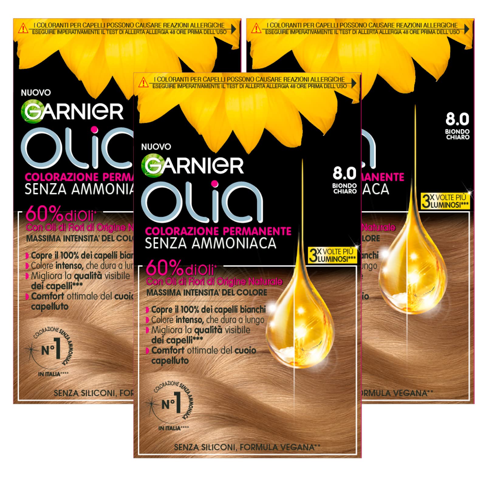 Garnier Olia Ammonia-Free Permanent Hair Color with Natural Origin Floral Oils with Brightening and Nourishing Action, 8.0 Light Blonde - 3 Packs