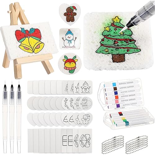 AmazingSpark 66 Pcs Christmas Magic Foam Texture Painting Kit Magic Puffy Paint Includes 40 Foam Texture Paper 12 Colors Markers to Paint 3D Effect DIY Blank Christmas Tree Ornaments for Crafts Home