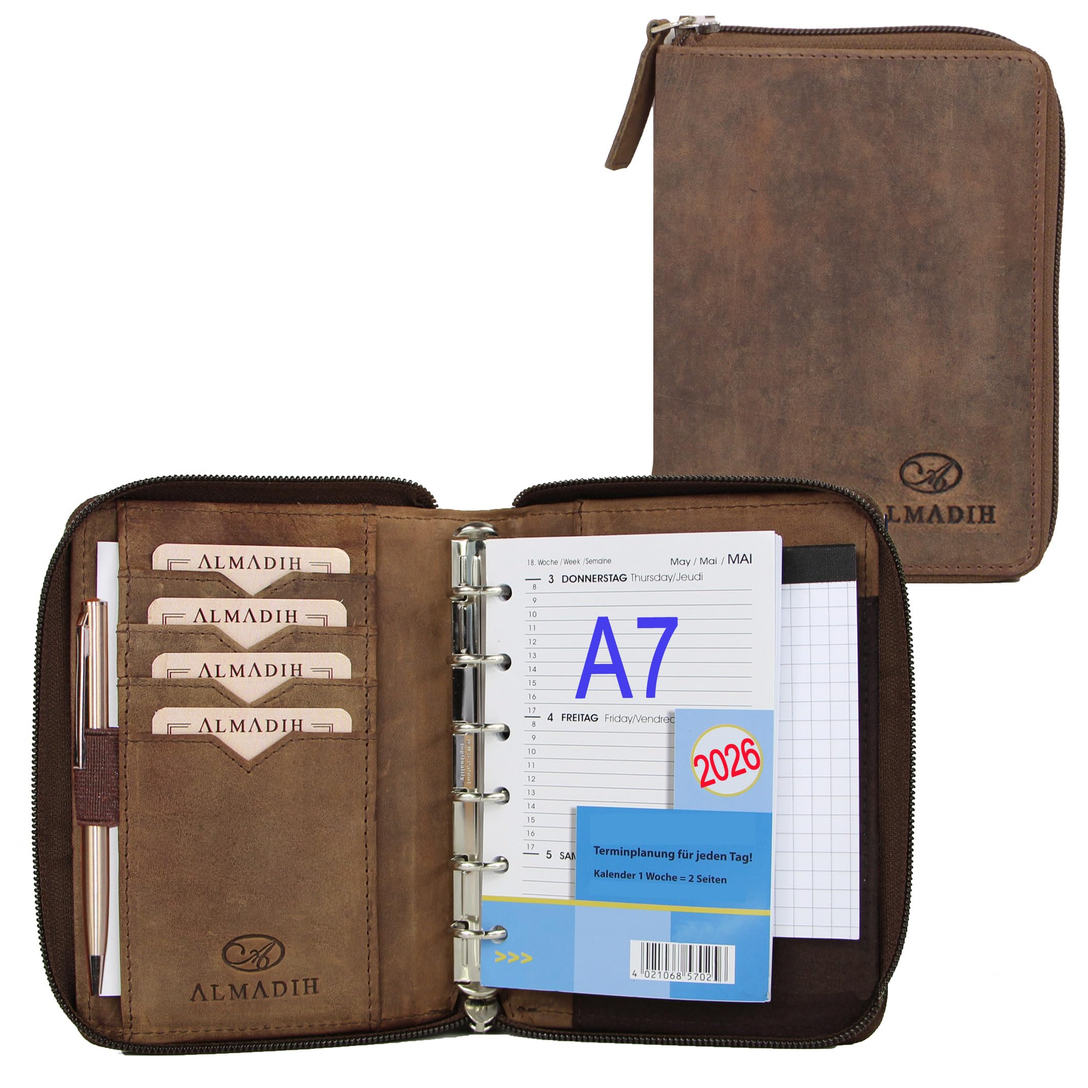 ALMADIH Leder A7 Organizer Reißverschluss Kalender 2026 Notizblock Premium Rindsleder Braun Vintage Geschenkbox Ledermappe Mappe Terminplaner Terminkalender Ringbuchmappe Mini Pocket (Org A7 BV)