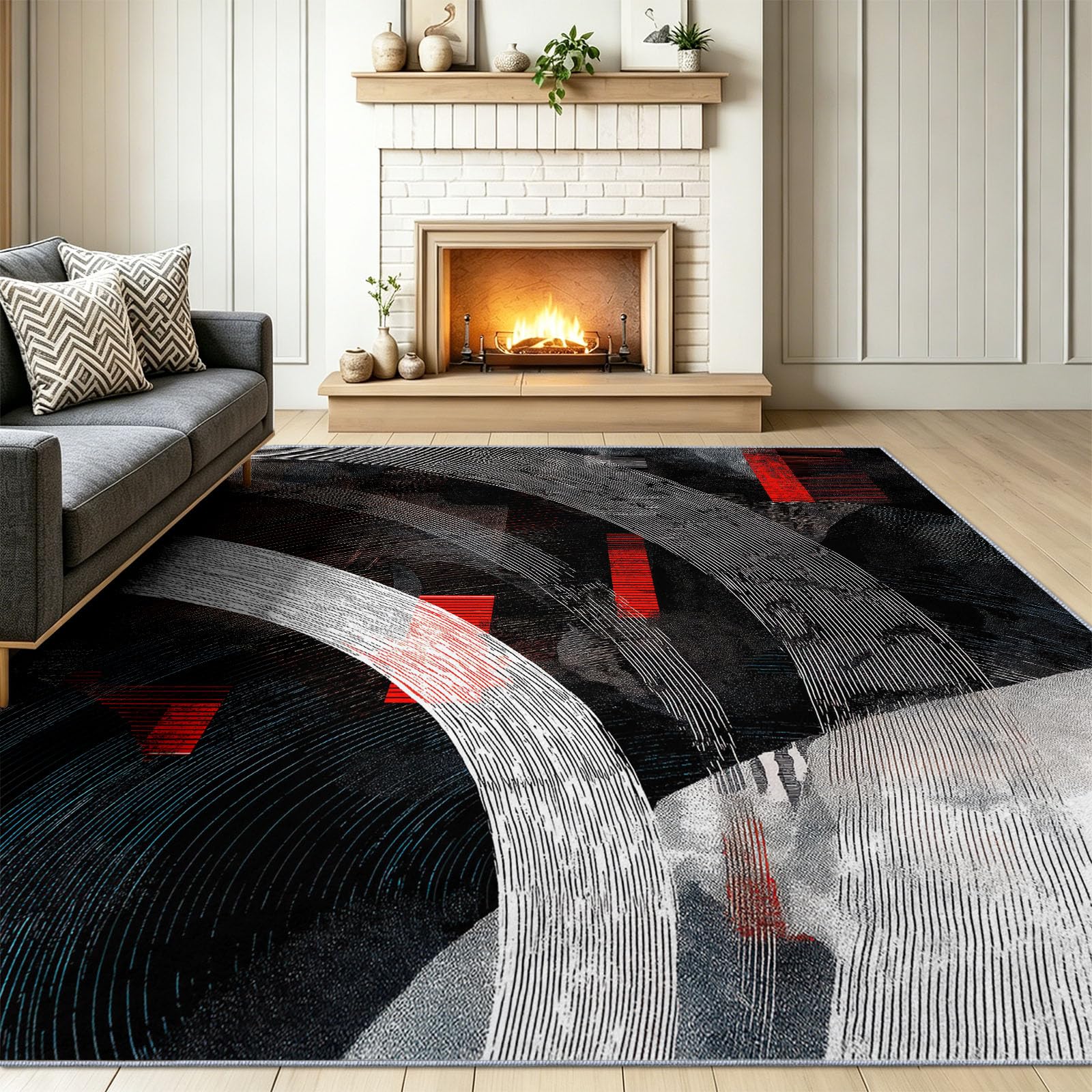 Konzentrische Bögen Gewebte Textur Kinderzimmer Teppich, Modern Abstrakt Stil, Deko-Teppiche für Wohnzimmer Esszimmer Schlafzimmer Küche, 80 x 150 cm Schwarz Grau