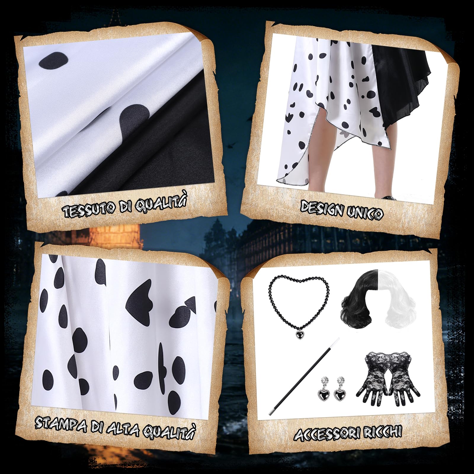 IEEILULU Cruella Costume Bambina, Vestito Crudelia Demon Donna, Costume da Crudelia Deville per Ragazze, Buono per il Ragazze Cosplay di Halloween - il Carnevale del Male