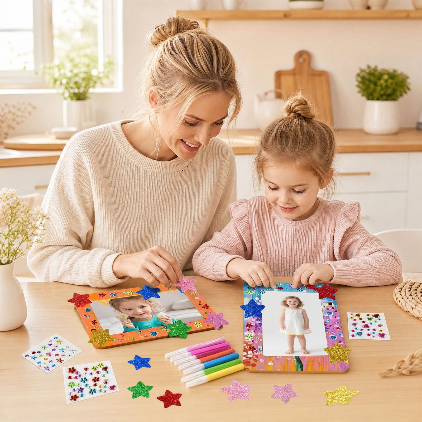 FYSL 8er-Set Holzbilderrahmen zum Bemalen für Kinder (14x19cm) | Bilderrahmen Bastelset mit 6 Wasserfarben, Glitzersteinen | Kreativ-Set zur Selbstgestaltung