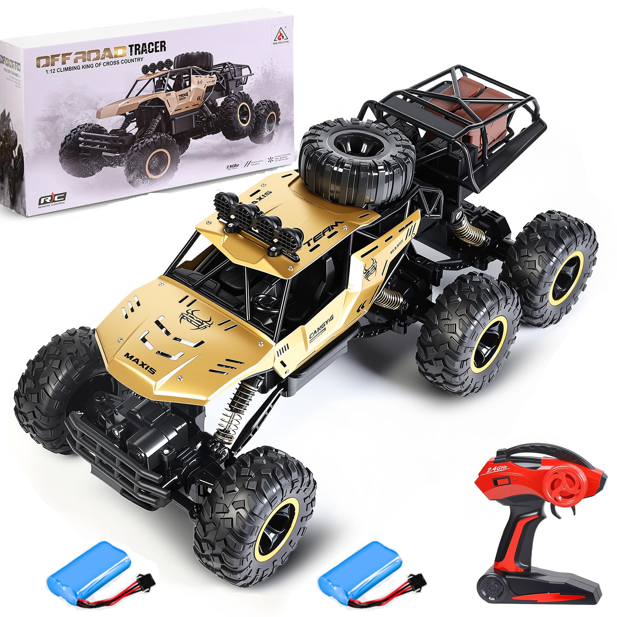 SULIFEVIP 1:12 Gold RC Cars Large 6 Wheels RC Monster Truck 46CM 2.4GHZ Remote Control Car 4WD Off-Road Radio Controller Cars Monster Truck, Metal Shell with 2 Batteries For Kids,Multiplayer Play