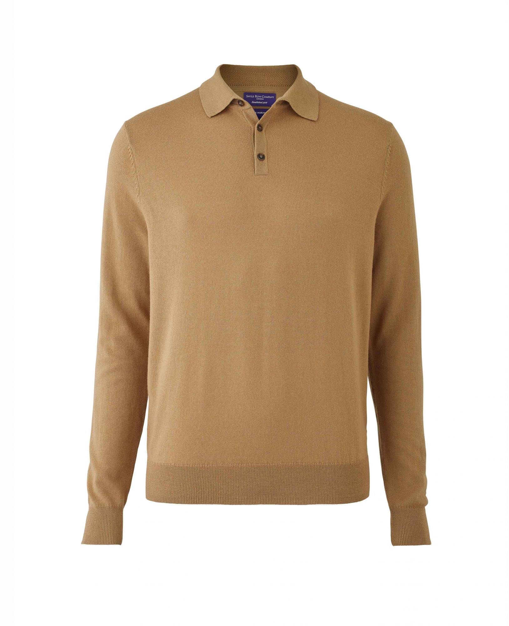 The Savile Row Company London Men's Tan Merino Wool Knitted Long Sleeve Polo Shirt - Extra Large