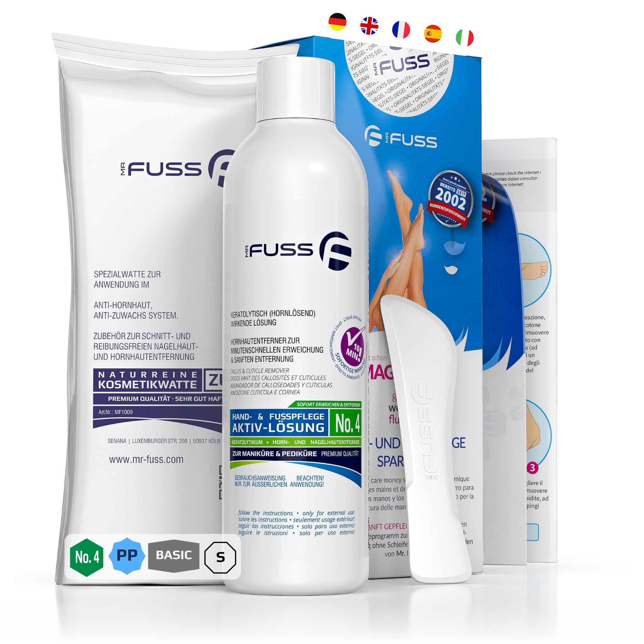 Mr. Fuss Solución Removedor de Durezas - Elimina Fácilmente Callos - Suave y Rápido - 250ml No. 4 en el Paquete Plus. Set de Pedicura sin Frotar con Efecto Inmediato.