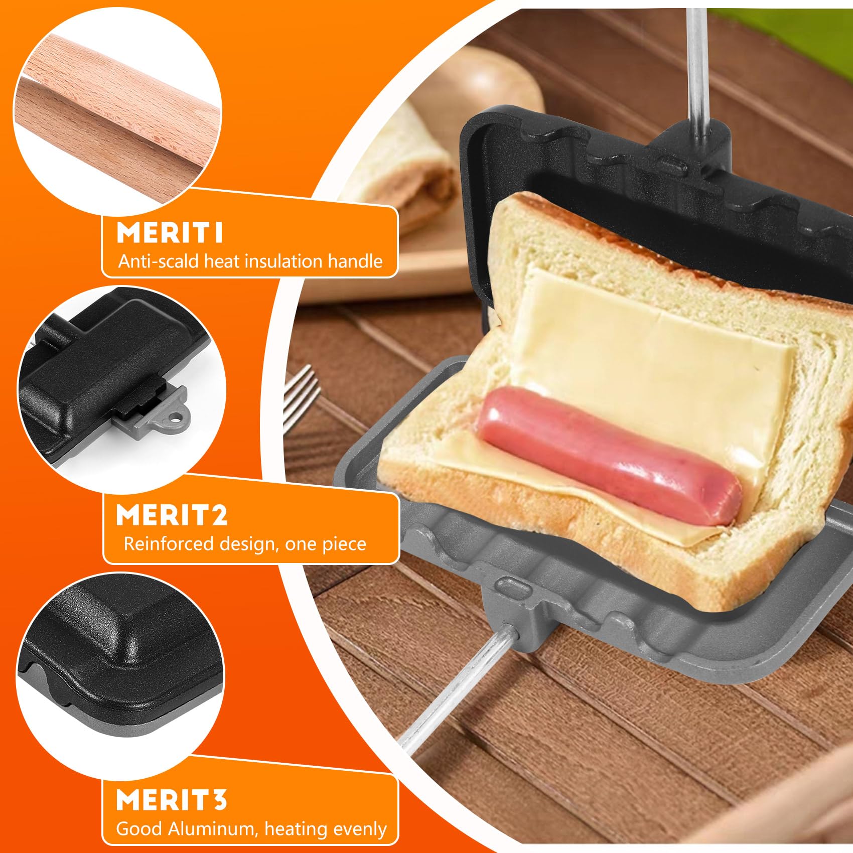Hot-Dog-Toaster, Doppelseitige Sandwich-Backform, Camping-Bratpfanne, Käsebereiter, Sandwichmaker, Flip-Pfanne