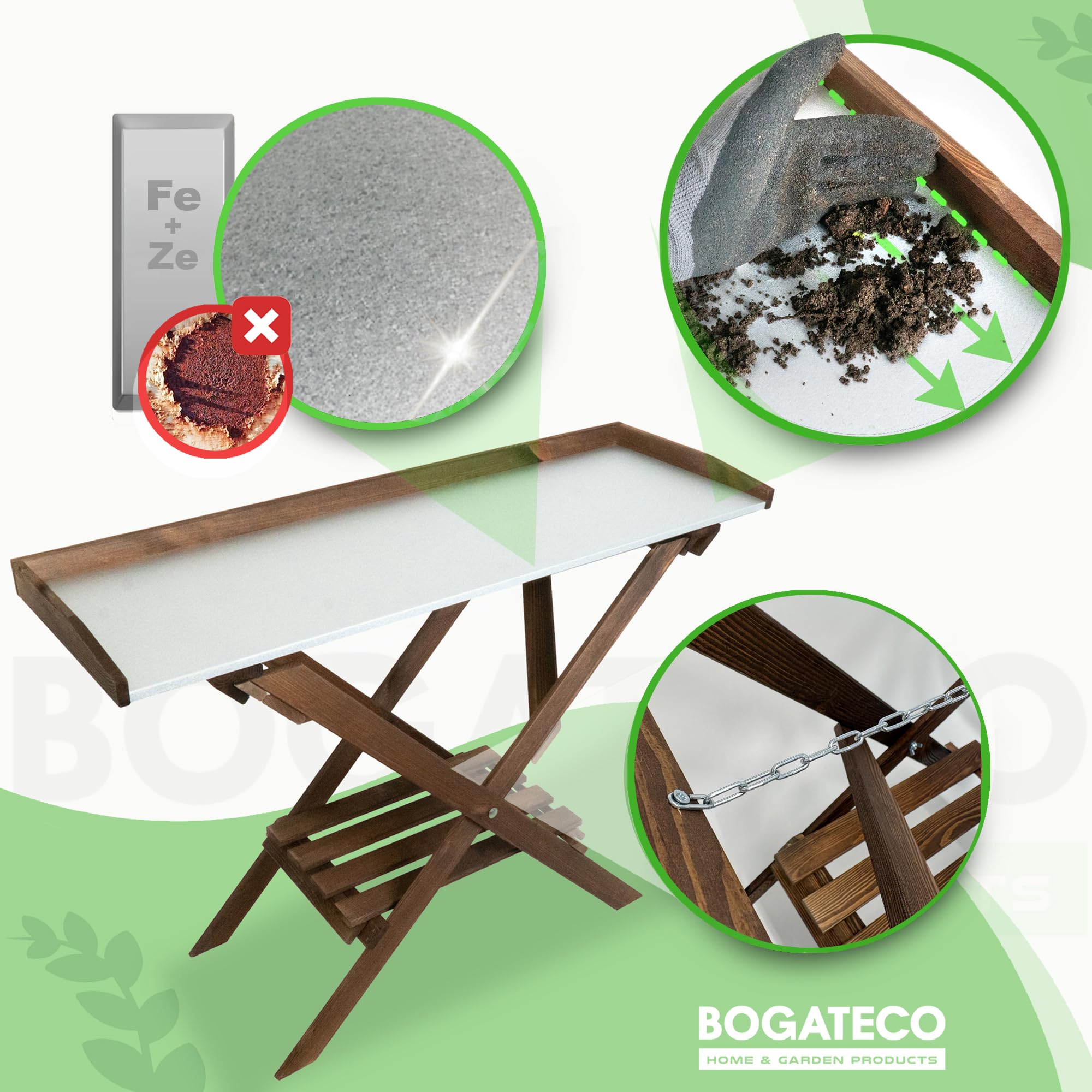 BOGATECO Pflanztisch 118 x 84 x 38cm mit Arbeitsplatte aus Metall | Klapptisch imprägnierter Blumentisch Outdoor Gärtnertisch mit Regal Gartenarbeitstisch Wetterfest