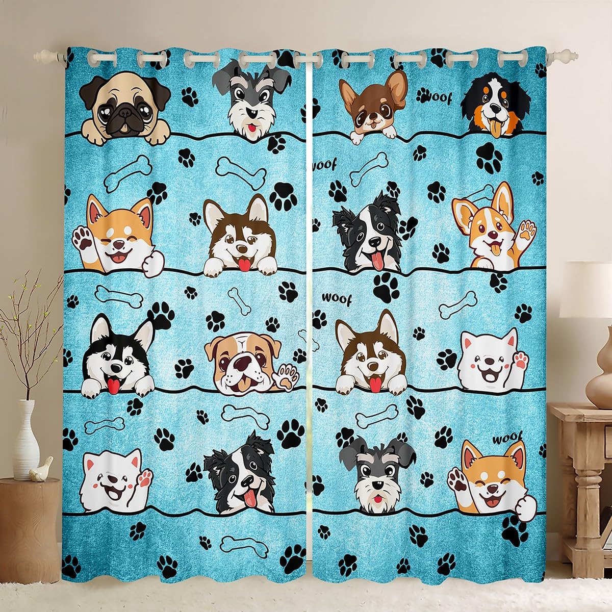 Lovely Dog Window Drapes for Boys Girls Bedroom,Cute Puppies Cartoon Animal Window Treatments Microfiber Polyester 42Wx63L Inches,Kawaii Paw Print Blue Window Curtains (Not Blackout)