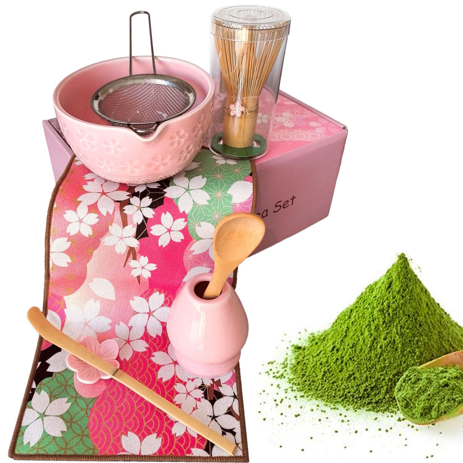 Matcha Set Pink, Cherry Blossom Design, 8pcs, Traditional Japanese Complete Matcha Tea Ceremony Kit for Lattes, Ceramic Chawan Bowl with Spout, Whisk & Accessories for Matcha Lovers