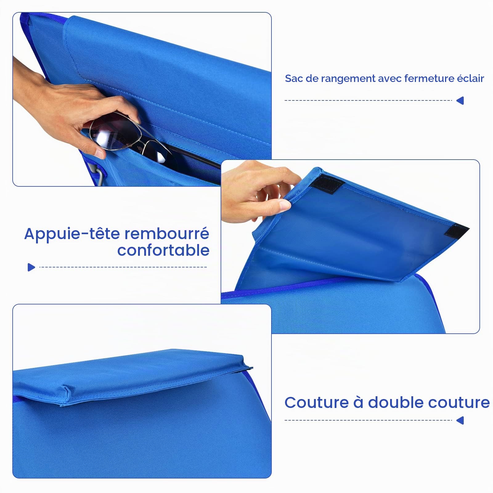 GIANTEX Lot de 2 Matelas de Plage Pliables avec Table d’Appoint, Chaises Longue Plage Réglables en 5 Positions avec Appui-Tête Amovible, Poche pour Jardin, Plage, Camping (Bleu)
