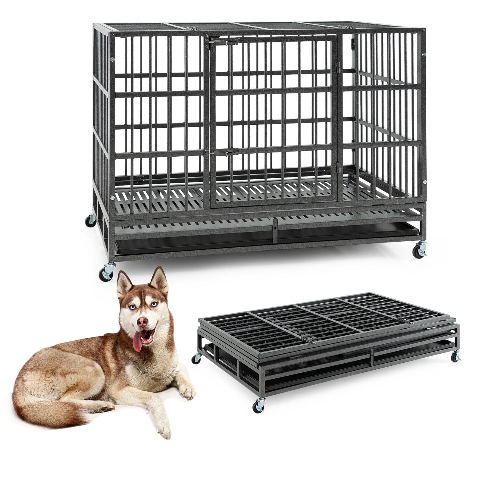GOPLUS - Jaula para perros plegable de metal con ruedas cerradas, doble puertas cerradas, bandeja extraíble para perros grandes y medianos (48 pulgadas)