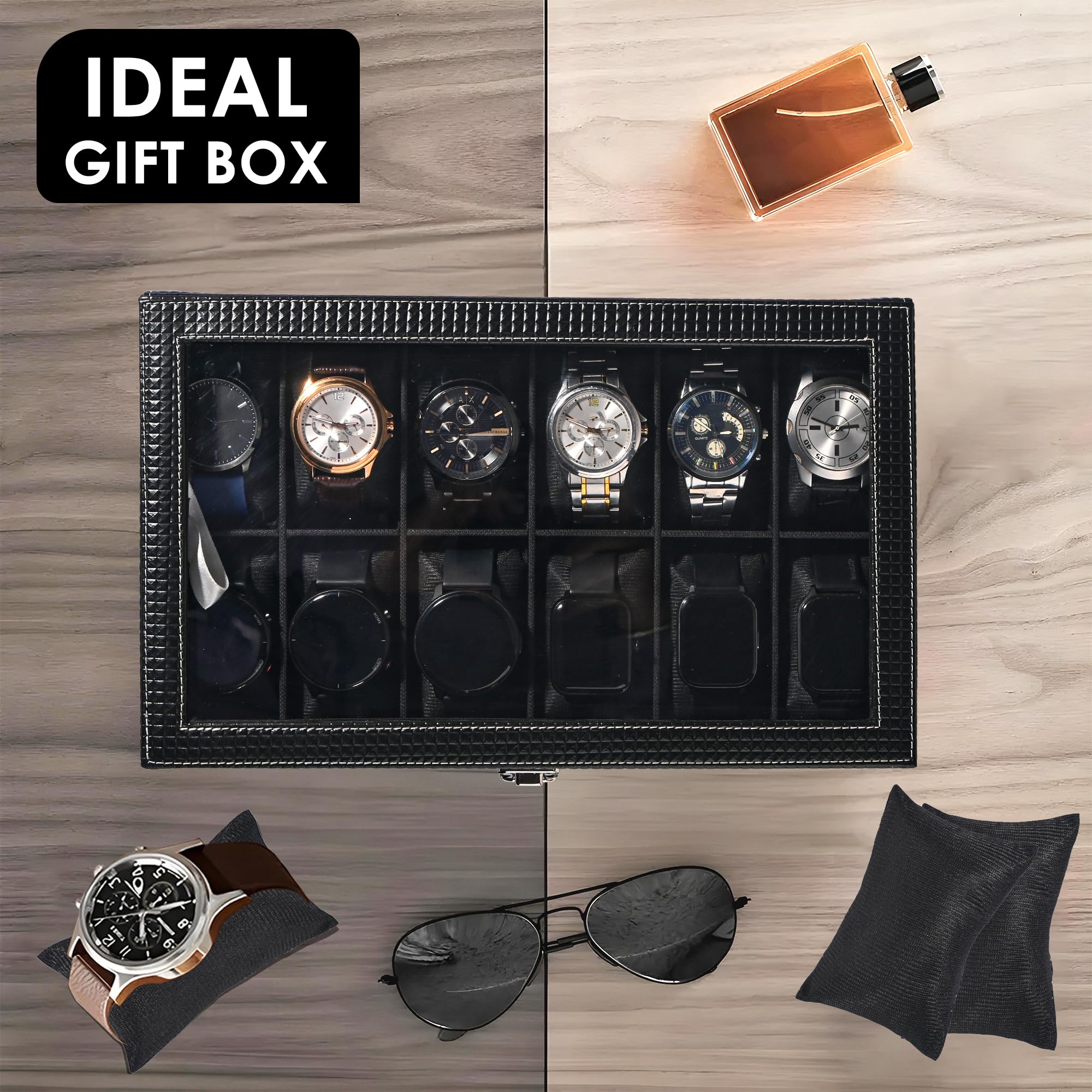 Kuber Industries Lot de 2 boîtes de rangement en similicuir transparent de qualité supérieure à 12 emplacements pour montres pour homme et femme | Boîte de rangement pour montres | Boîte de collection