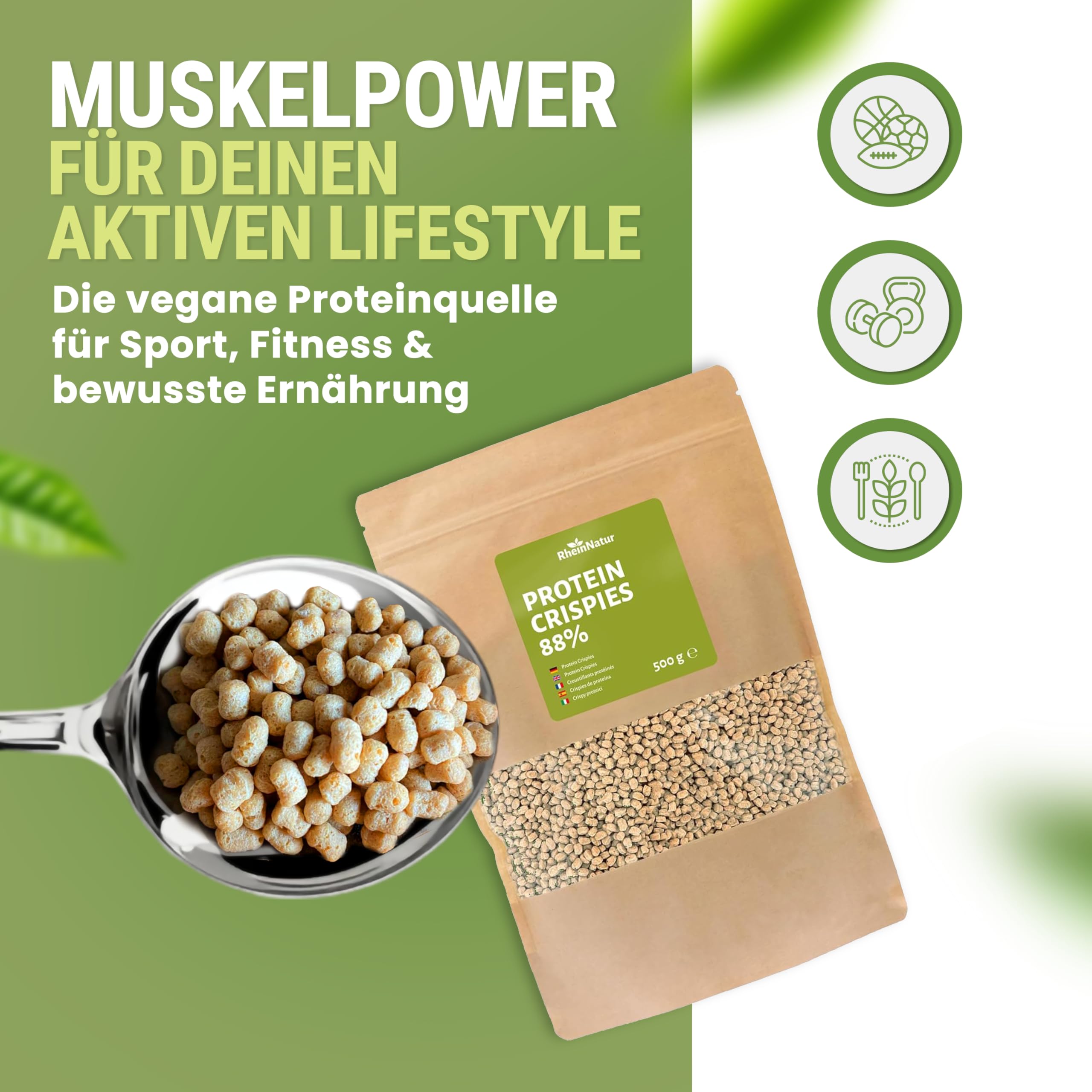 RheinNatur Crispies Proteína de soja, 88%, 500 g, fuente de proteína vegana sin azúcar añadida, cobertura crujiente para muesli, yogur y ensalada o como crujiente para platos y barras salados