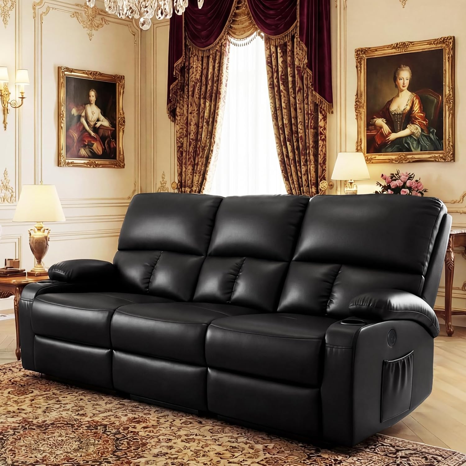 CHABATREE Home Theater Seating,RV Recliner Sofa with Massage and Heat,Manual RV Recliner Loveseat with USB/Cup Holders and Side Pocket for Living Room,3 Seater Black