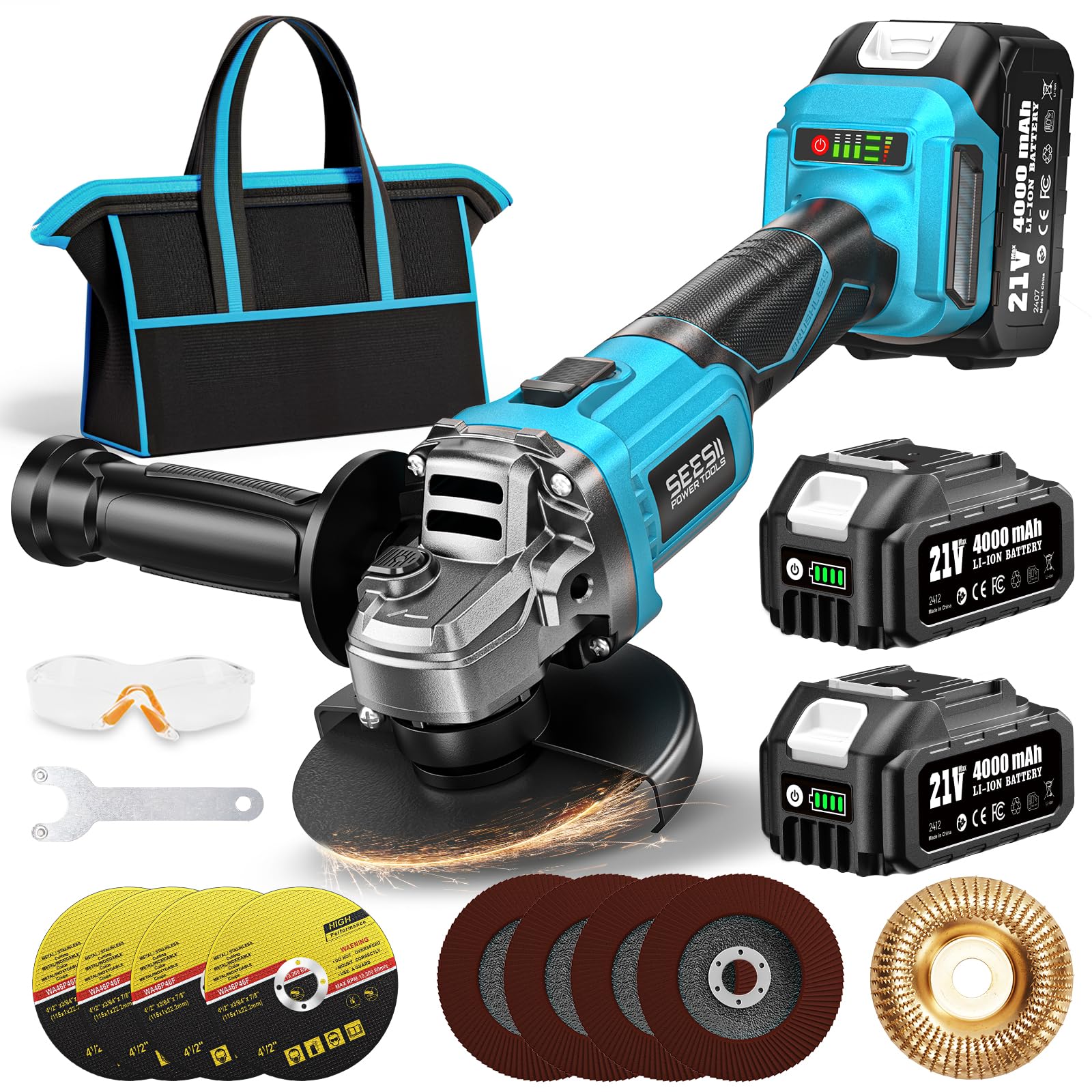 SEESII Cordless Angle Grinder 4-1/2 Inch, 21V Brushless Battery Tool with 2X 4.0Ah Batteries, 10000RPM Power Electric Grinder for Metal Cutting, Grinding, Polishing, Rust Removal