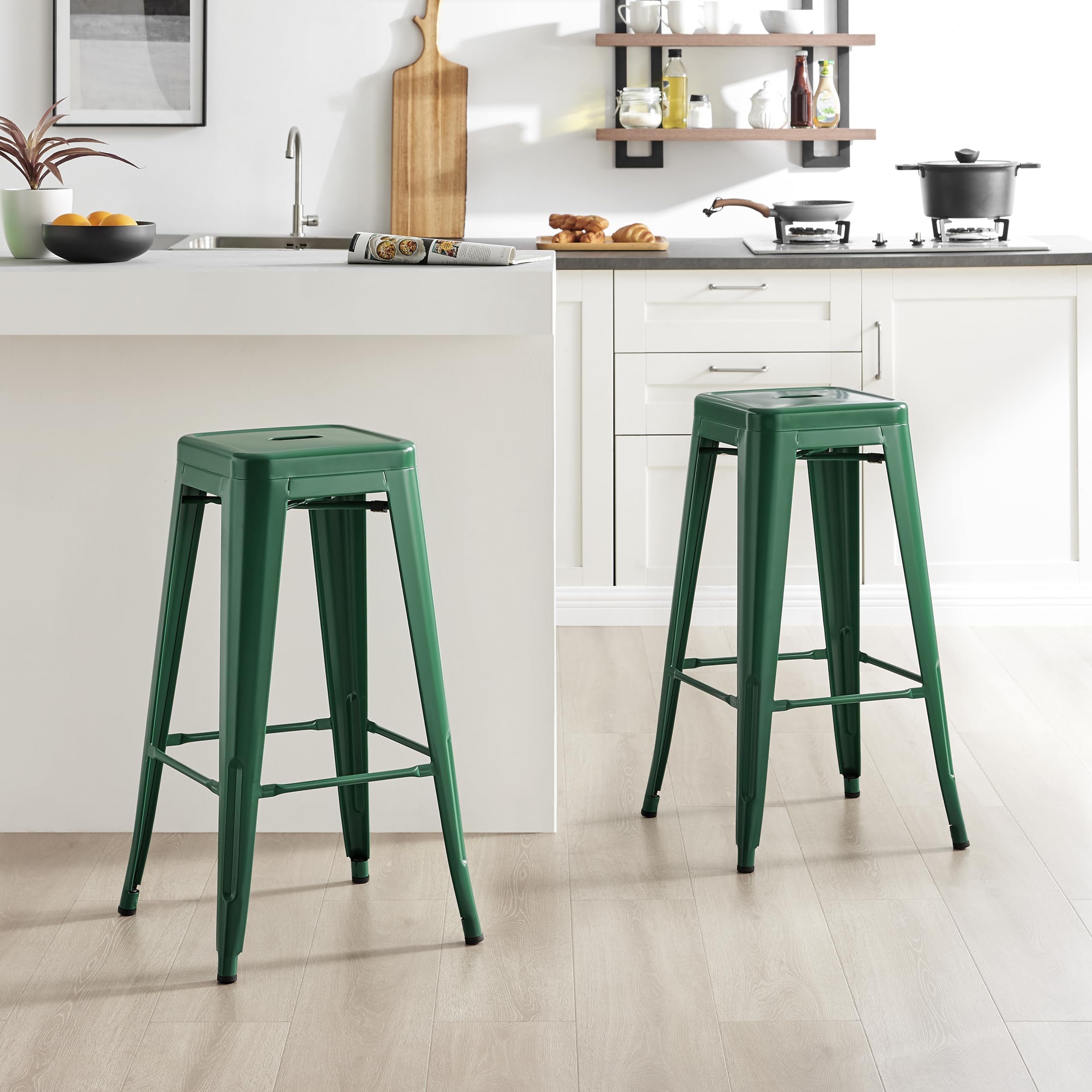 Furniturebox UK Colton 2x Dark Green Metal Bar Stools for Kitchen Or Dining Room Tolix Inspired Design Steel Powder Coated Stackable Lightweight Mid Century Bistro Cafe Industrial Stool Set of 2