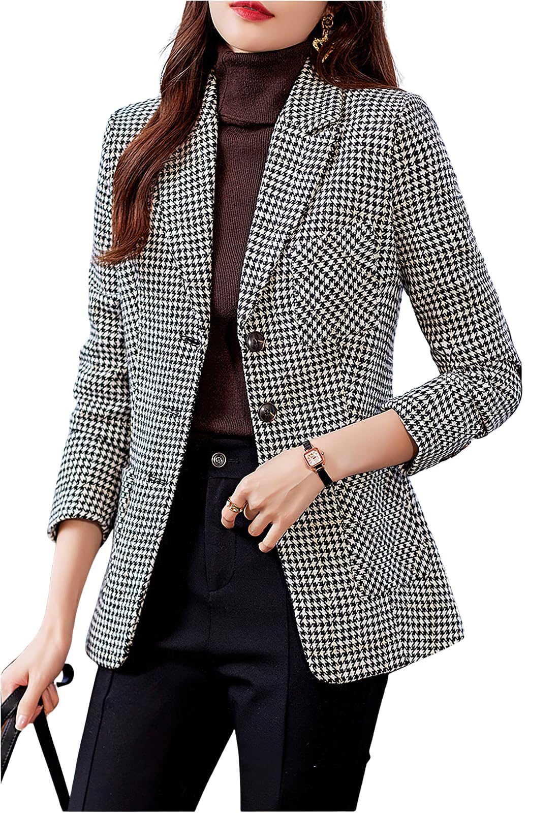 ebossy Womens Houndstooth Plaid Blazer Jacket Single Breasted Elbow Patch Slim Wool Blend Coat with Pockets