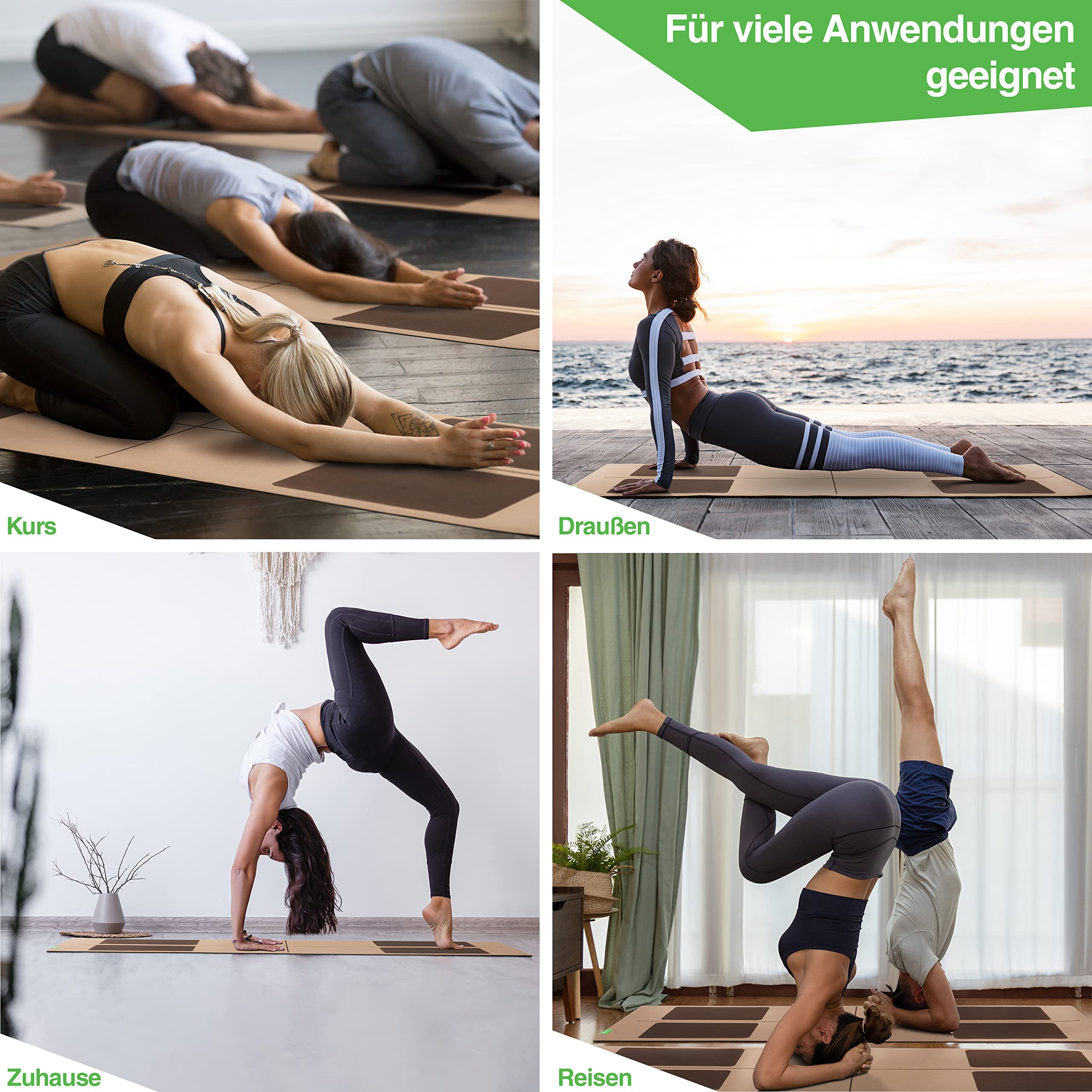 BACKLAXX® Yogamatte Kork mit Naturkautschuk | FAZ Testsieger 07/2026 | Yoga Matte Kork nachhaltig | schadstofffrei | Yogamatte Kautschuk | Fitnessmatte mit Anti-Rutsch-Zonen | inkl. Tragegurt