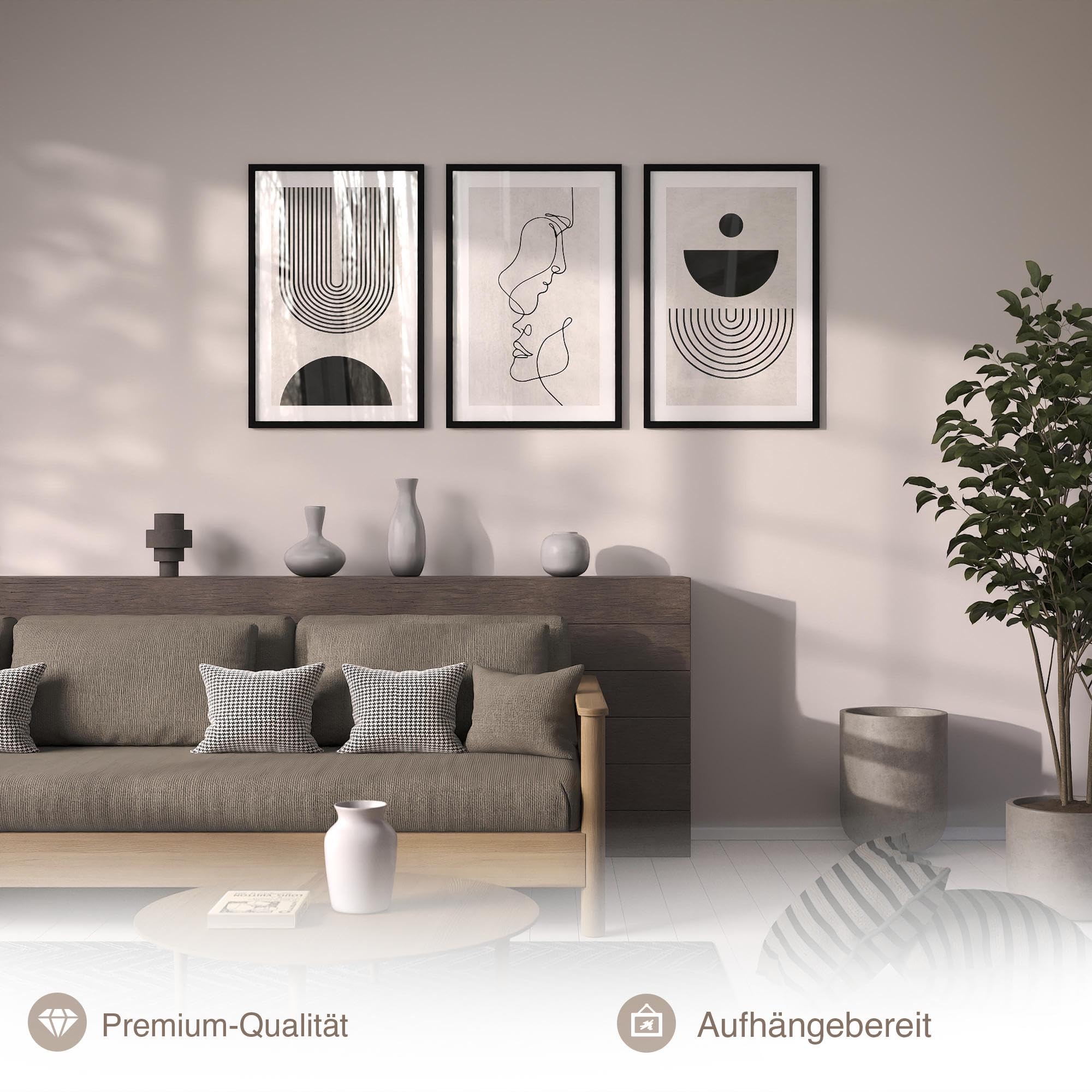 Novart Wandbilder mit Rahmen Linien - Wohnzimmer Schlafzimmer Büro Wanddeko - 3 Bilder Set 128x60 cm Schwarz - N133336aR2