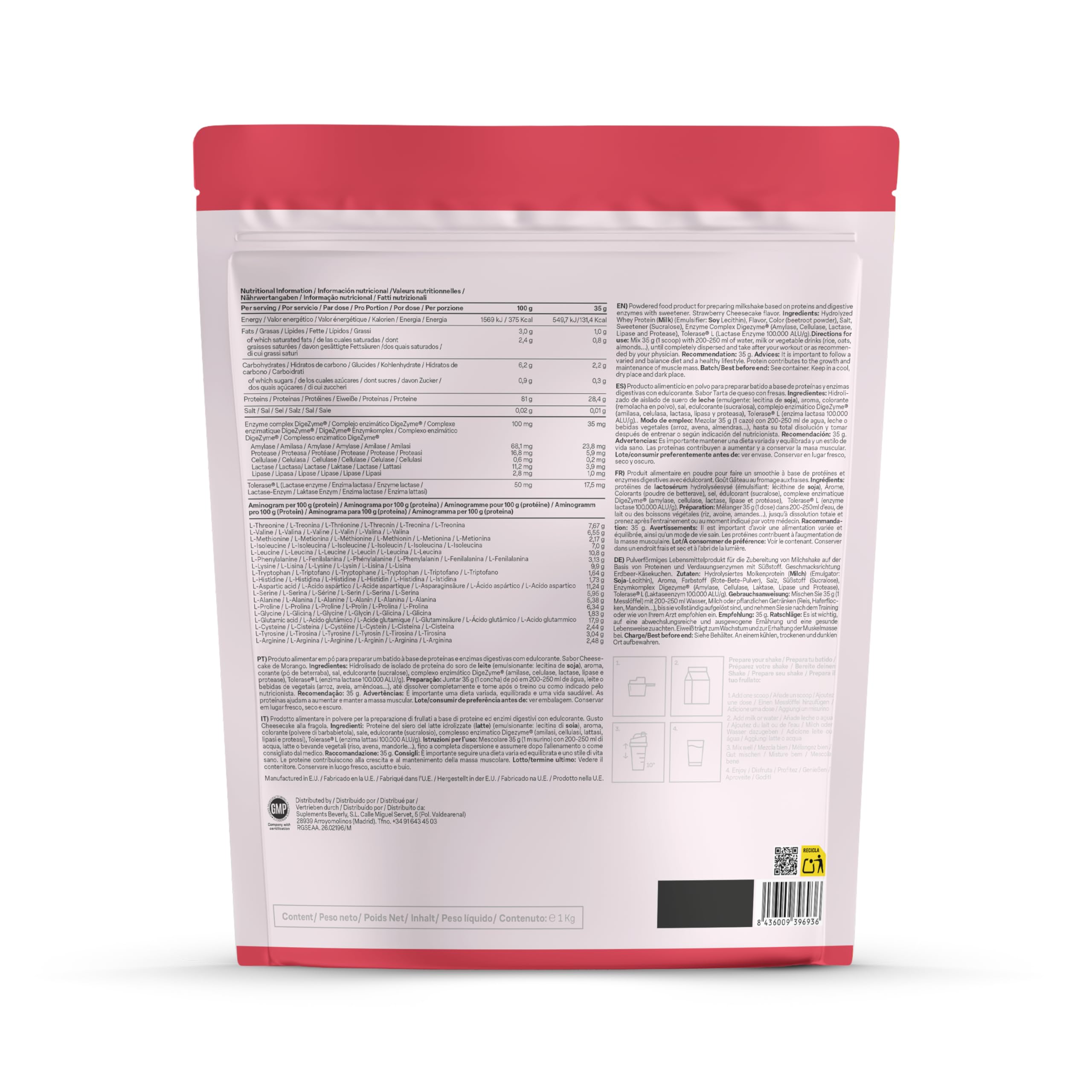 Beverly HYDRO PROTEIN - Protéines de lactosérum hydrolysées avec Digezyme et Tolerase - 1 kg - 29 g de protéines par portion - 28 portions - Saveur (Gateau au fromage aux fraise)