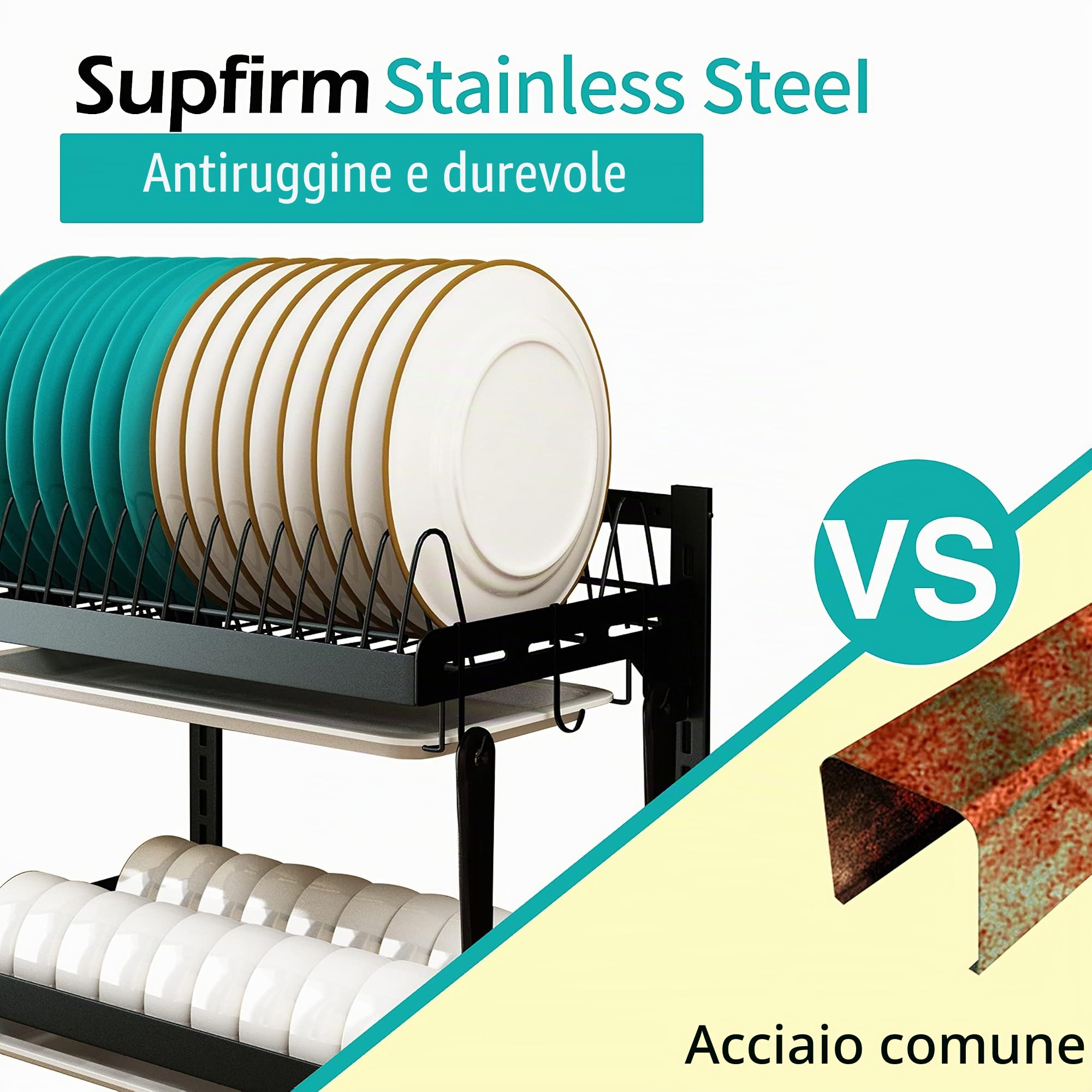 Stendino per piatti in acciaio inox a parete Cesto per frutta e verdura con scolapiatti e bacchette appese Gabbia Supporto per coltelli da cucina Mensola Utensili Organizer (2 livelli)