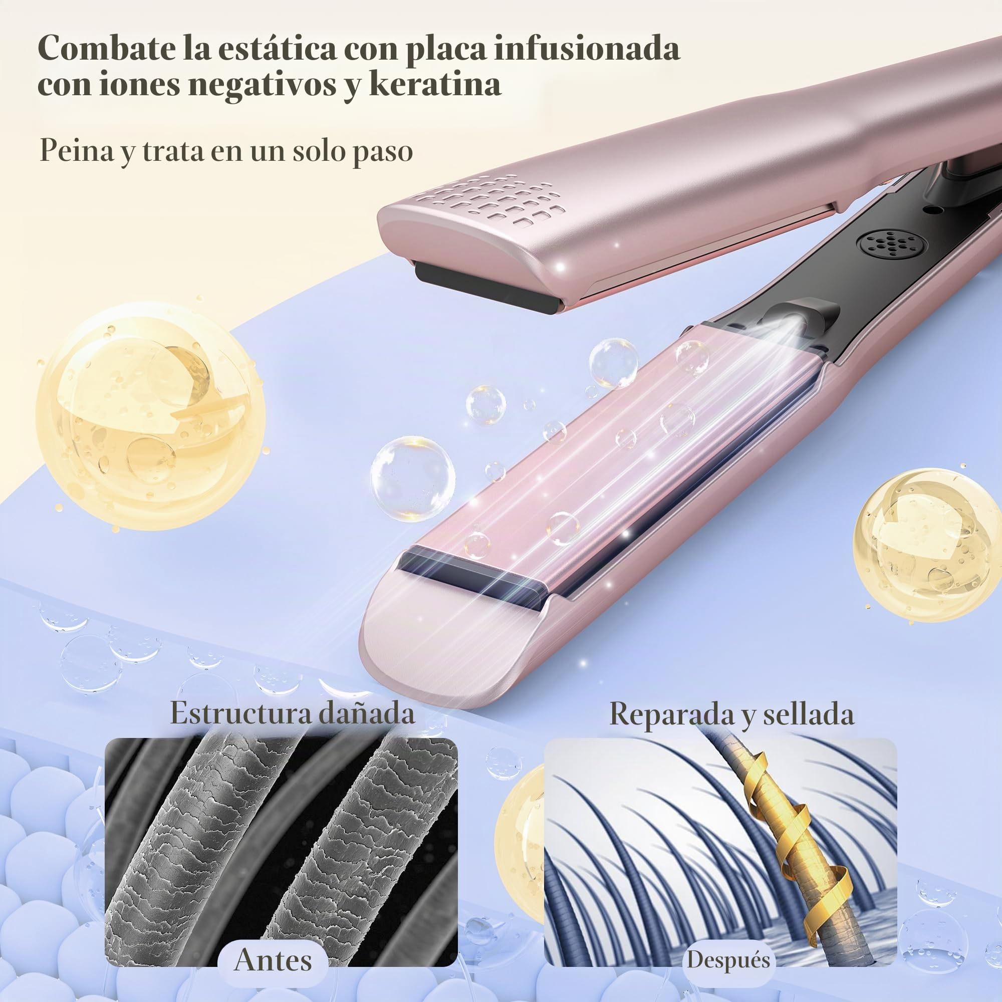 BarberBoss - Plancha de cerámica con placas flotantes, tratamiento iónico y queratina para todo tipo de cabello, pantalla LED de temperatura, plancha de pelo profesional (QR-8412, rosa)