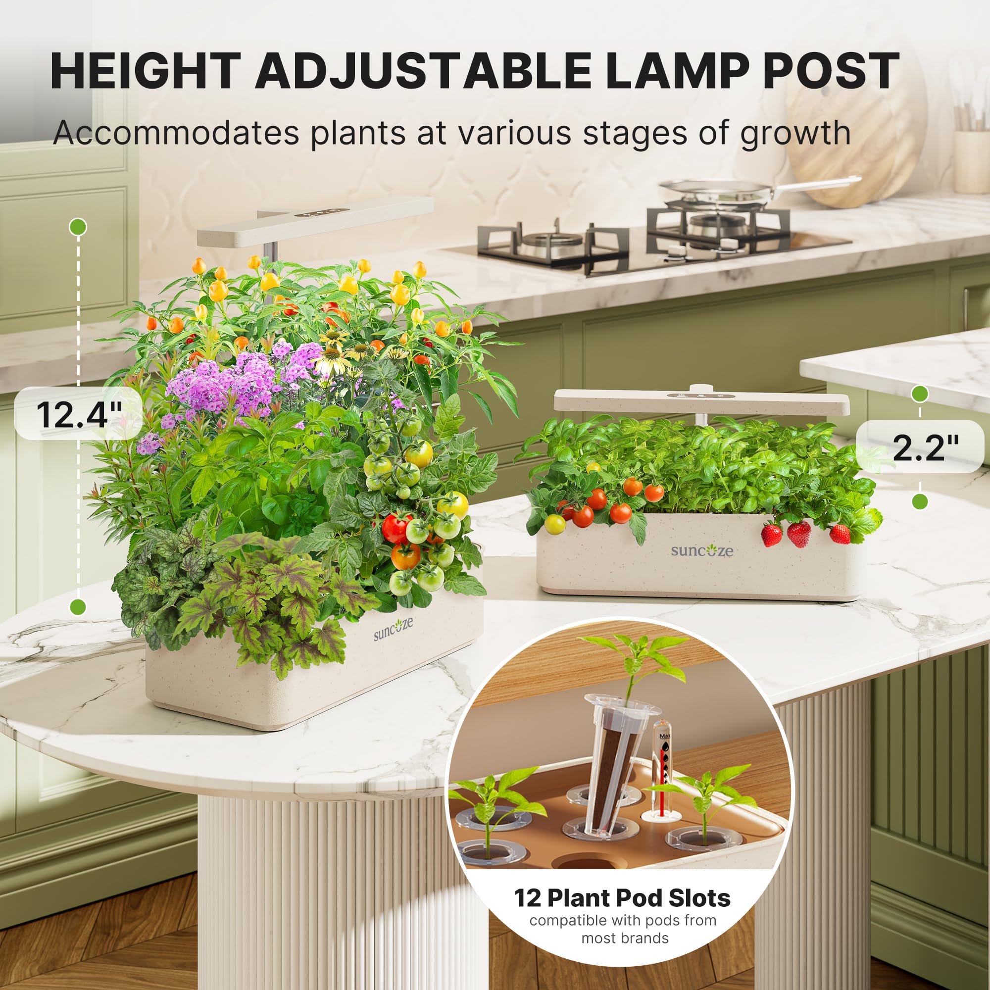 SUNCOZE Kit de sistema de cultivo hidropónico, 12 cápsulas, luz LED de cultivo de 24 W, tanque de agua de 4 litros con bomba silenciosa, altura ajustable, kit de maceta de jardín de hierbas, regalos