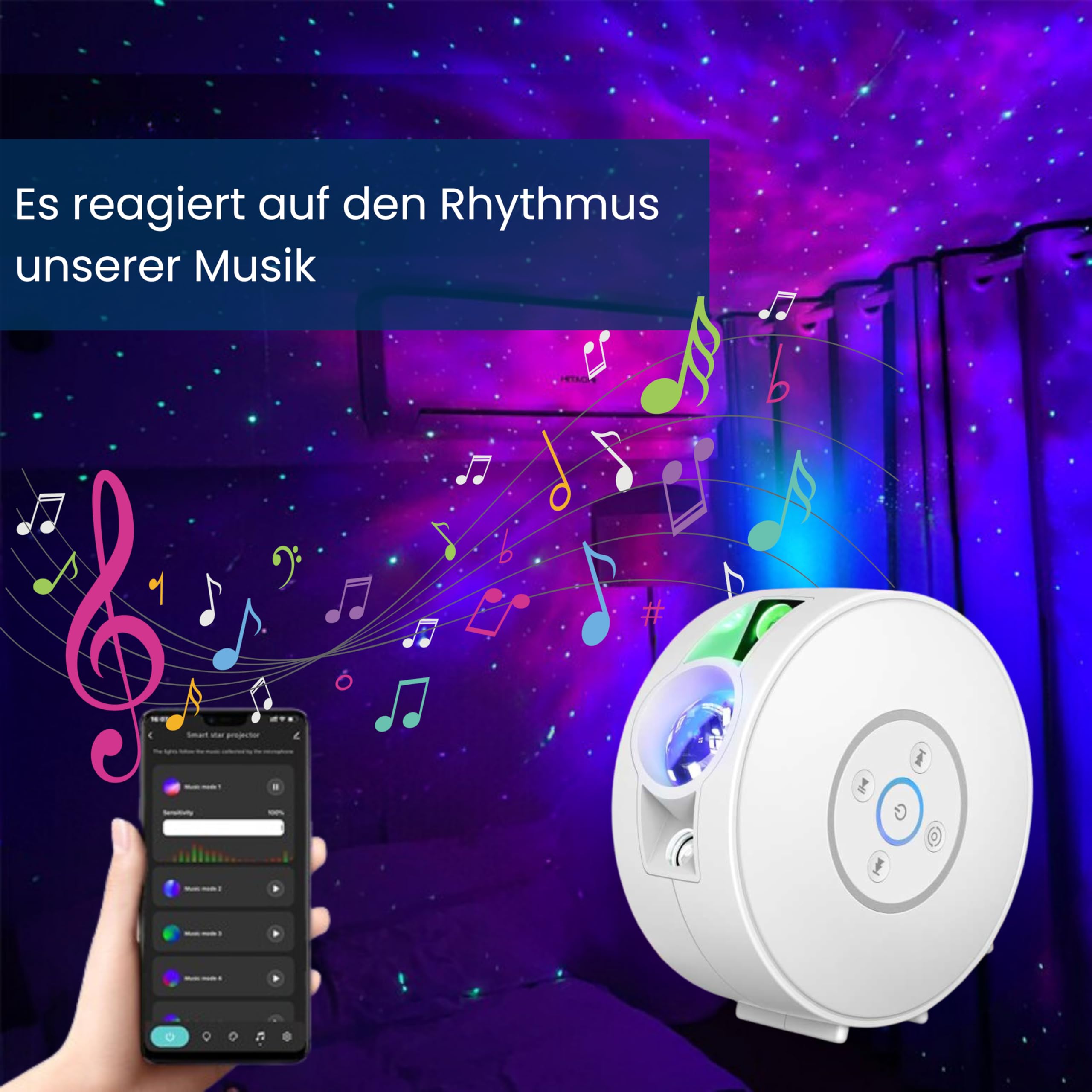 LED Projektor S4 mit Bluetooth Lautsprecher | Austauschbare Projektionseinleger für vielfältige Projektionen; Steuerung bequem per Smartphone App möglich