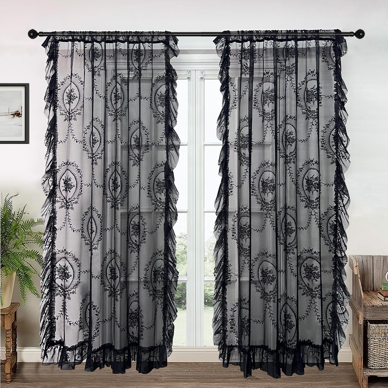 Rideaux en dentelle noire à broderie florale et volants pour salon - Lot de 2