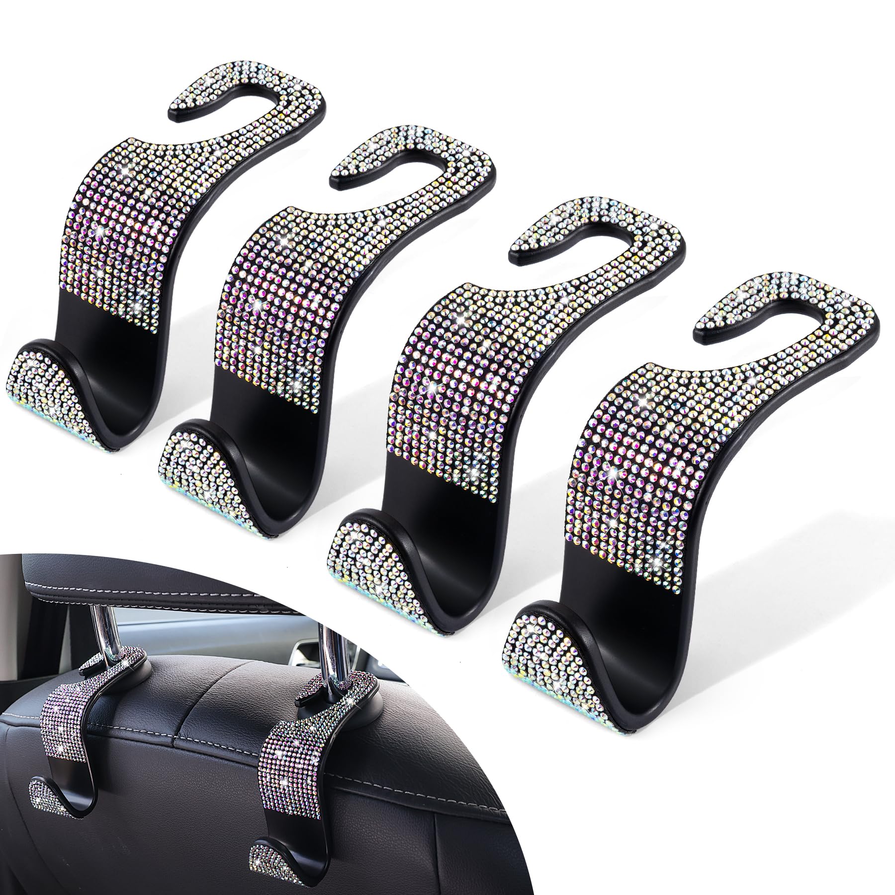 LivTee Car Seat Headrest Hook, Auto Seat Hook Hangers Storage Organizer Interior Accessories for Purse Coats Umbrellas Grocery Bags Handbag, 4-Pack(Bling Colorful)