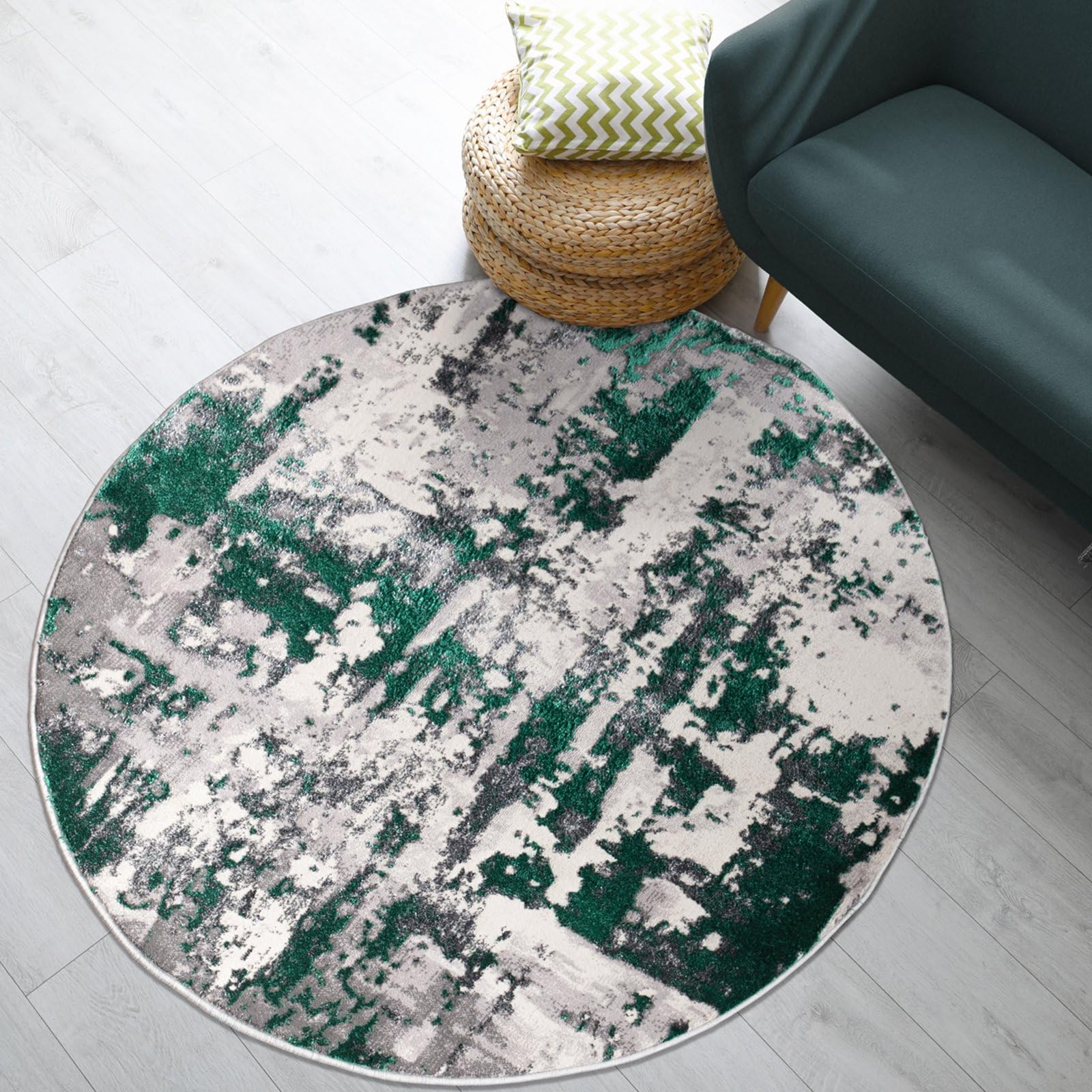 renoazul® Turkish Style Washable Premium Circle Rug, 3 ft 11 in x 3 ft 11 in, 120 x 120 cm, Abstract Emerald, Jute Backing Carpet for Bed room, Living, Boys and Study Room — image 1