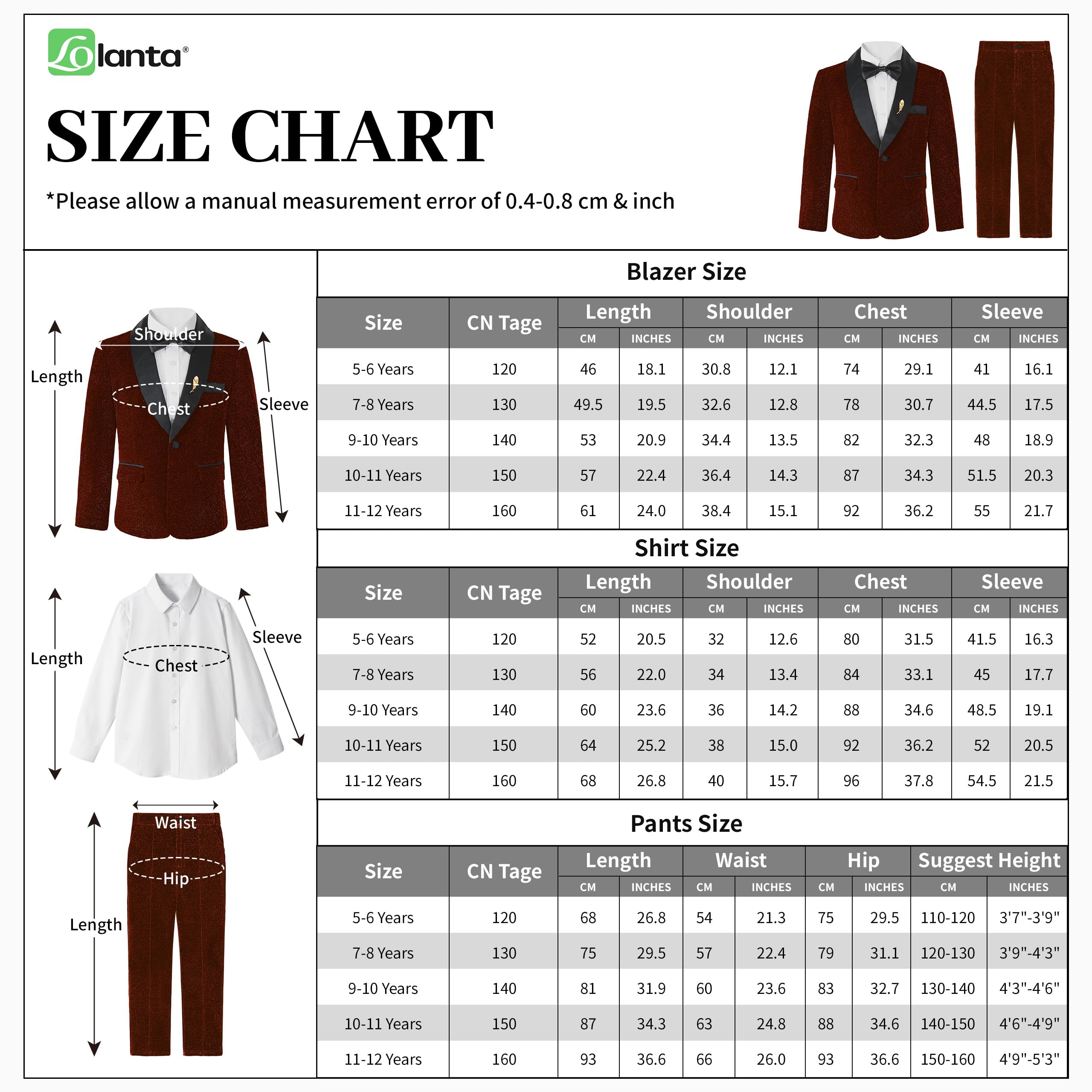 LOLANTA Traje de 4 Piezas para Niño, Set Smoking para Niños, Traje Brillante para Fiesta o Prom, Traje de PAJE para Boda con Blazer, Pantalones, Camisa y Pajarita