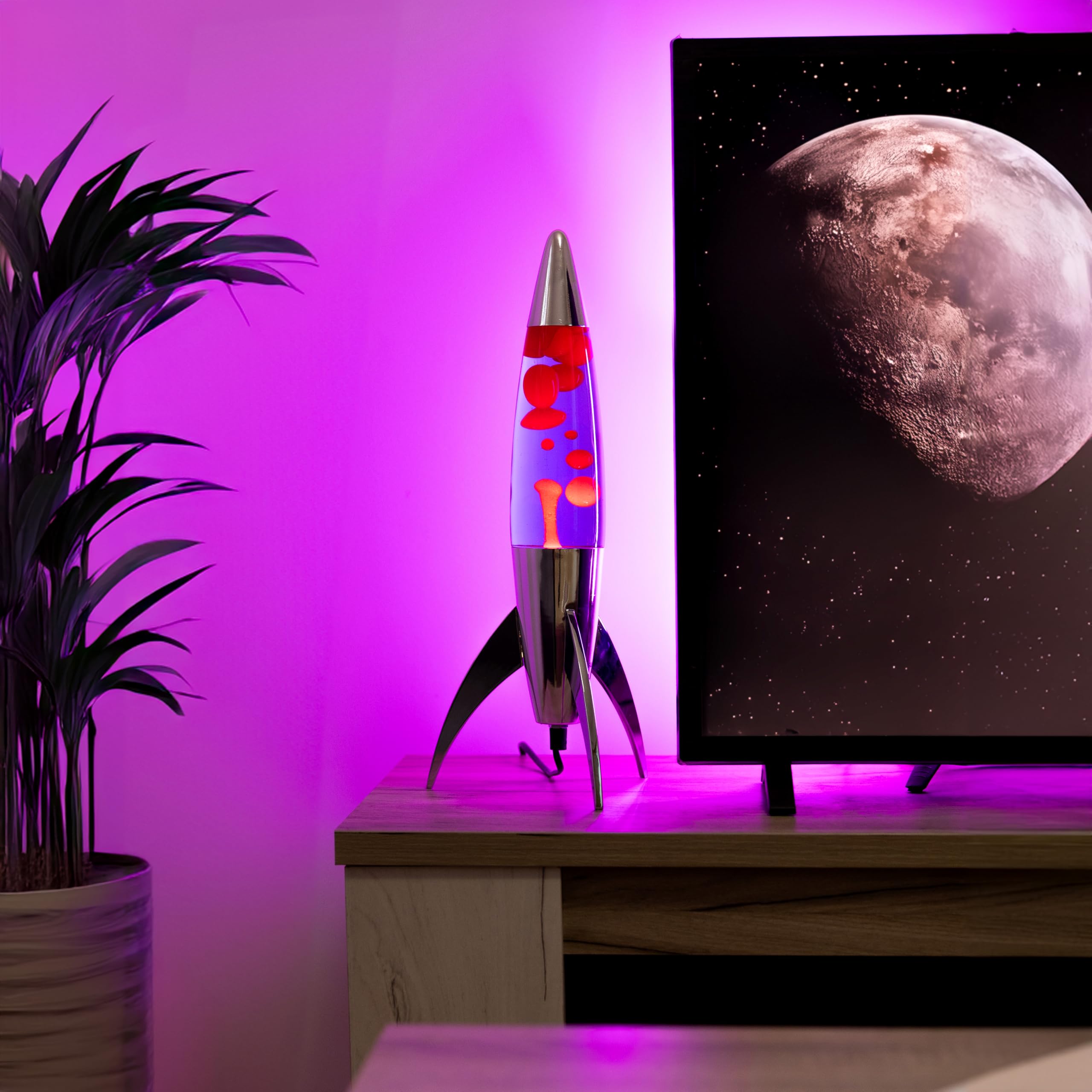 Fisura - Fioletowa lampa lava "rocket". Chromowana podstawa, fioletowy płyn i czerwona lawa. Retro lampa lava z zapasową żarówką. 20 cm x 20 cm x 45 cm.