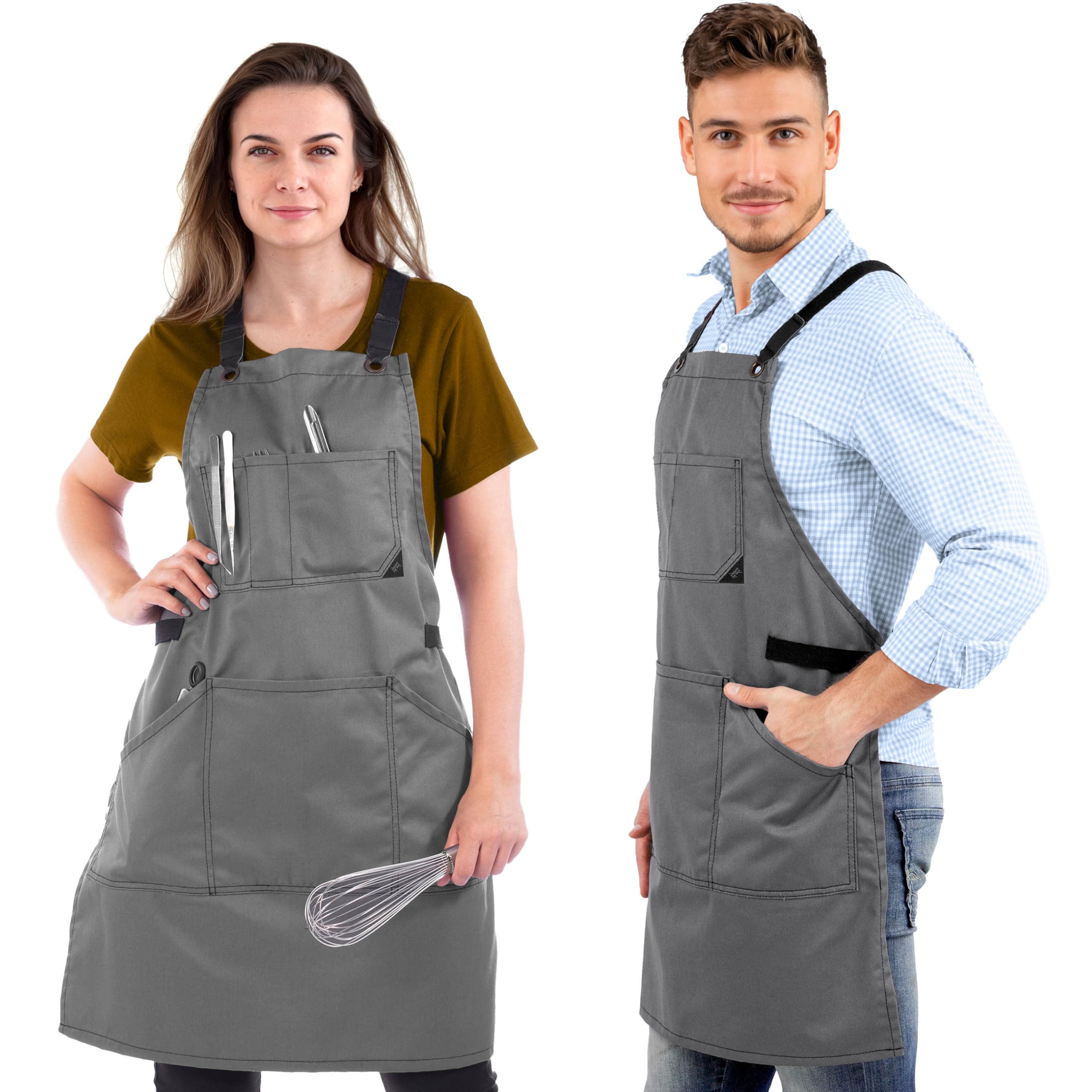 Under NY Sky Essential Armor Gray Apron – Cross-Back with Durable Twill and Leather Reinforcement – Adjustable for Men and Women – Pro Chef, Tattoo Artist, Baker, Barista, Bartender, Server Aprons