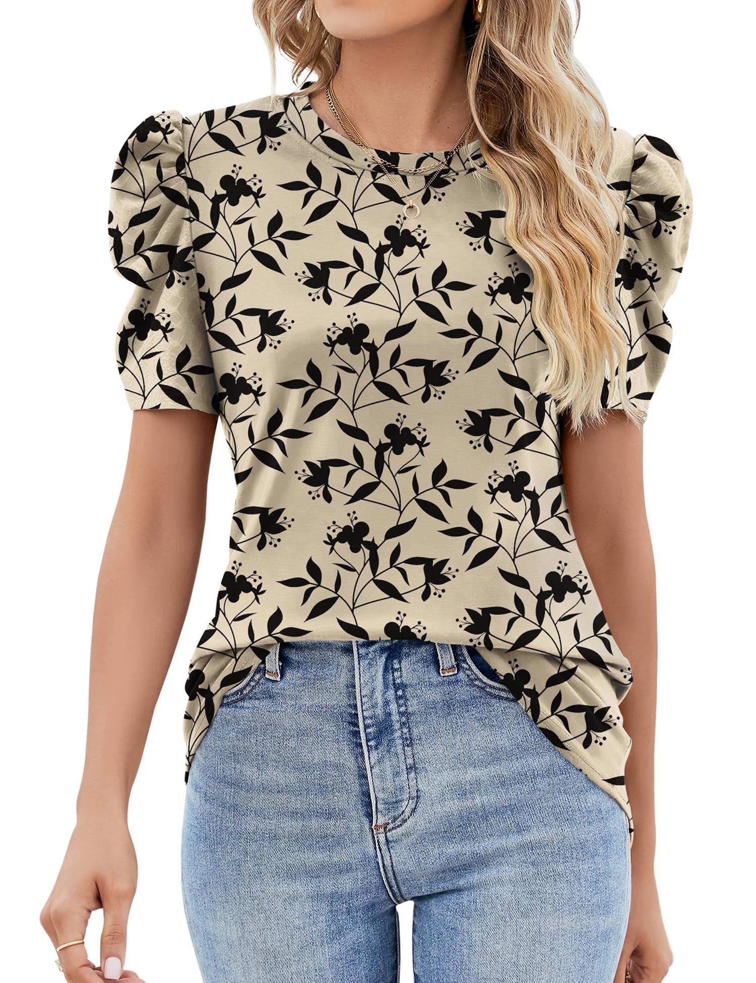 IECCP Bluse Damen Sommer T-Shirts Puff Spitze Kurzarm 2025 Sommer Oberteile Damen Rundhals Lässig Tunika T-Shirt Elegant