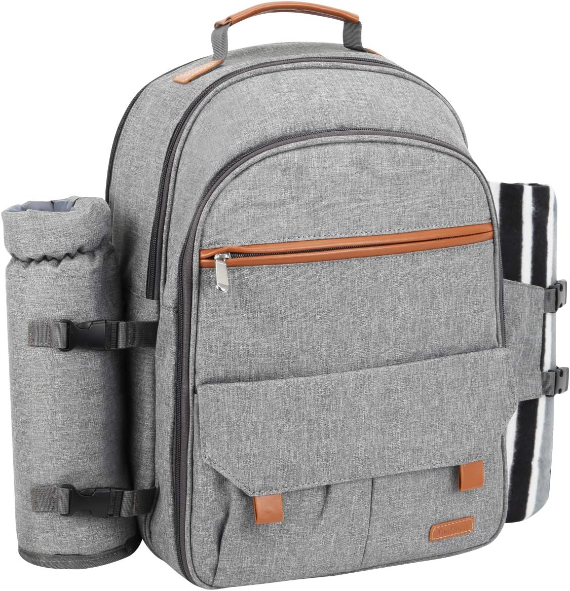 Sunflora Deluxe 4 Person Picnic Backpack with Pocket Insulated Picnic Basket with Crockery and Blanket for Camping Family Lawn (Grey)