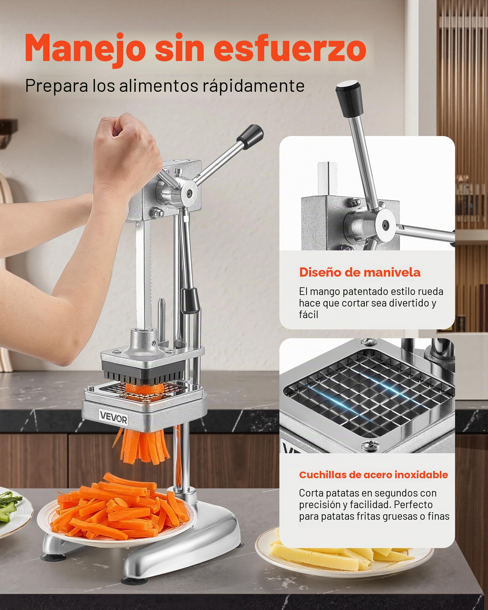 VEVOR Cortador de Papas Fritas Picador de Frutas y Verduras de Acero Inoxidable con 3 Cuchillas de Repuesto de 12,7/9,525/6,35 mm Cortador Manual de Papas para Restaurantes, Cocinas Domésticas