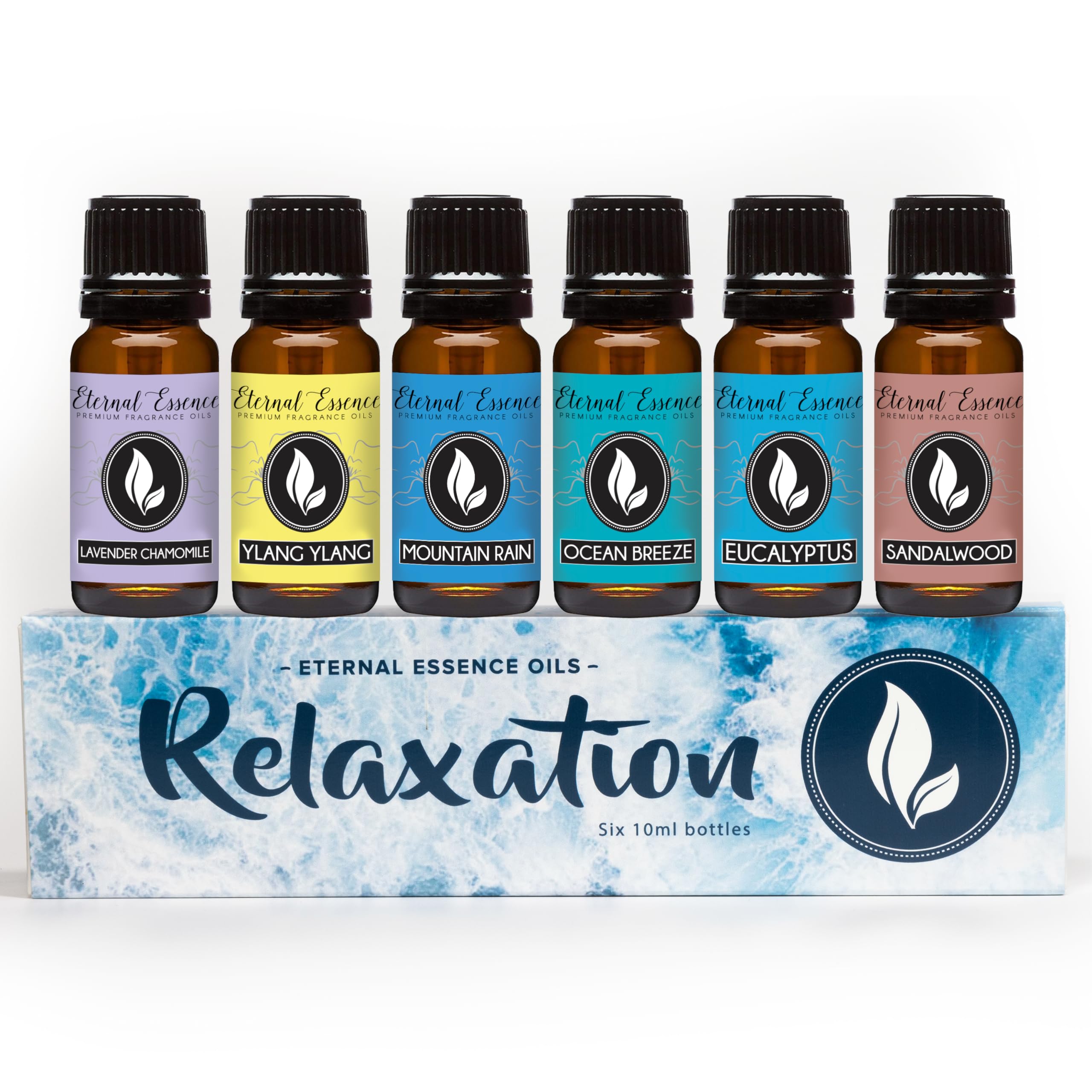 Eternal Essence Oils Relaxation Set of 6 Premium Fragrance Oils - Includes Lavender Chamomile, Ylang Ylang, Mountain Rain, Ocean Breeze, Eucalyptus, and Sandalwood Scented Oils - 10ML