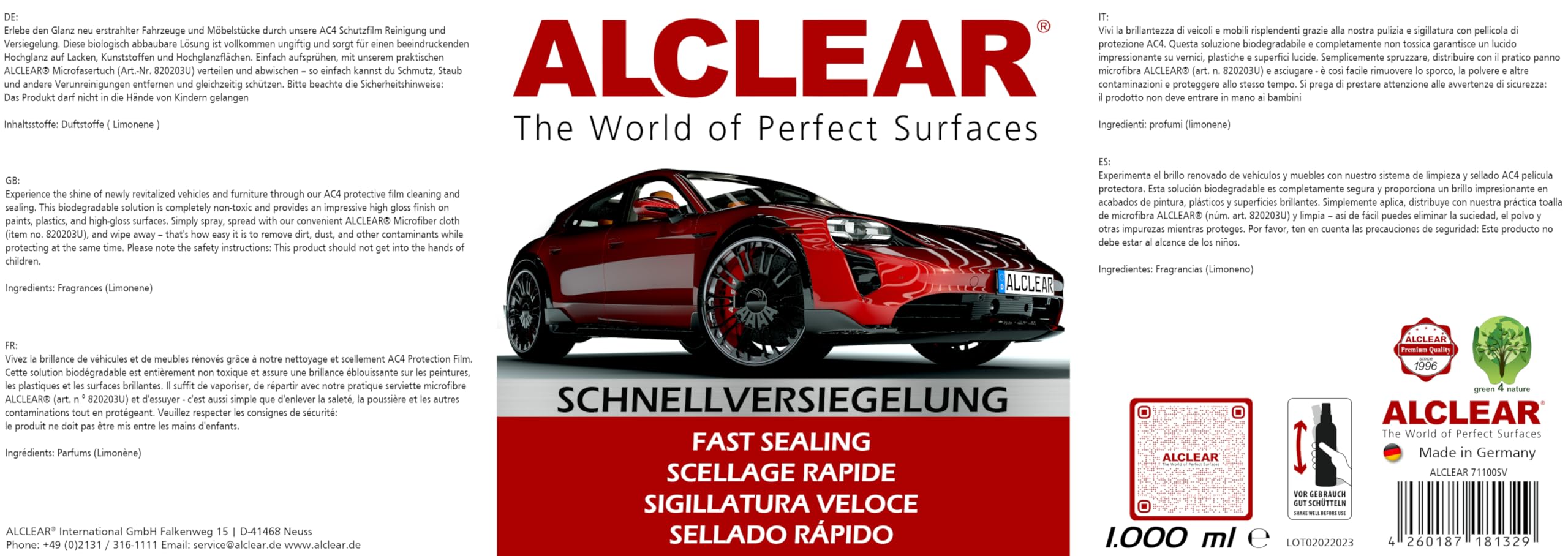 ALCLEAR 8201050 Autopflegeset 6 teilig mit 1 L Lackversiegelung fürs Auto | 6-teiliges Set, 1 L Schnellversiegelung ohne Silikon, Polier- und Cockpittuch, Felgenhandschuh, Trockentuch, Innenraum