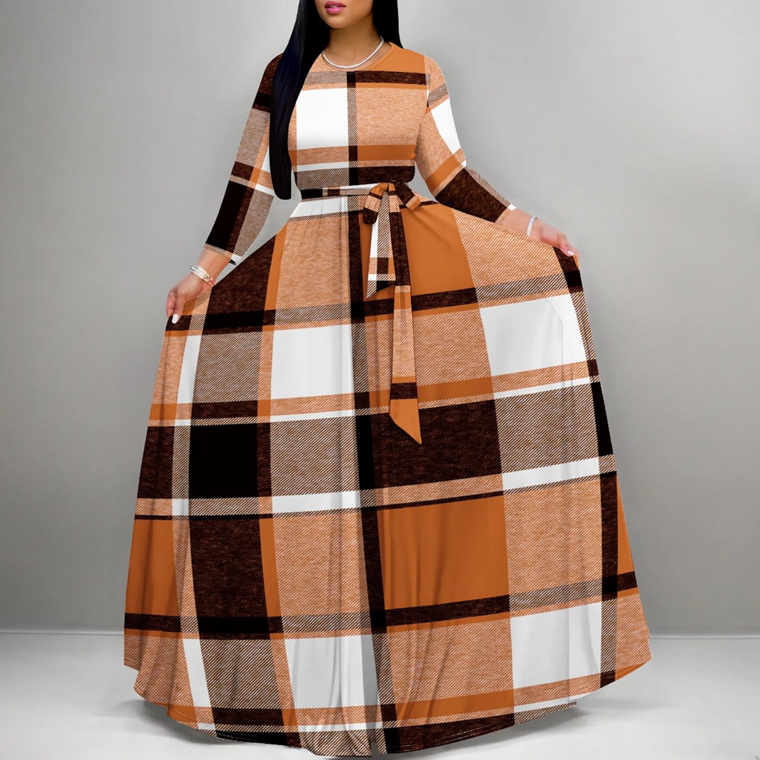 Plus Size Maxi Dresses for Curvy Women Casual 3/4 Sleeve Crewneck Floor Length Floral Print Dress with Belt - Image 3