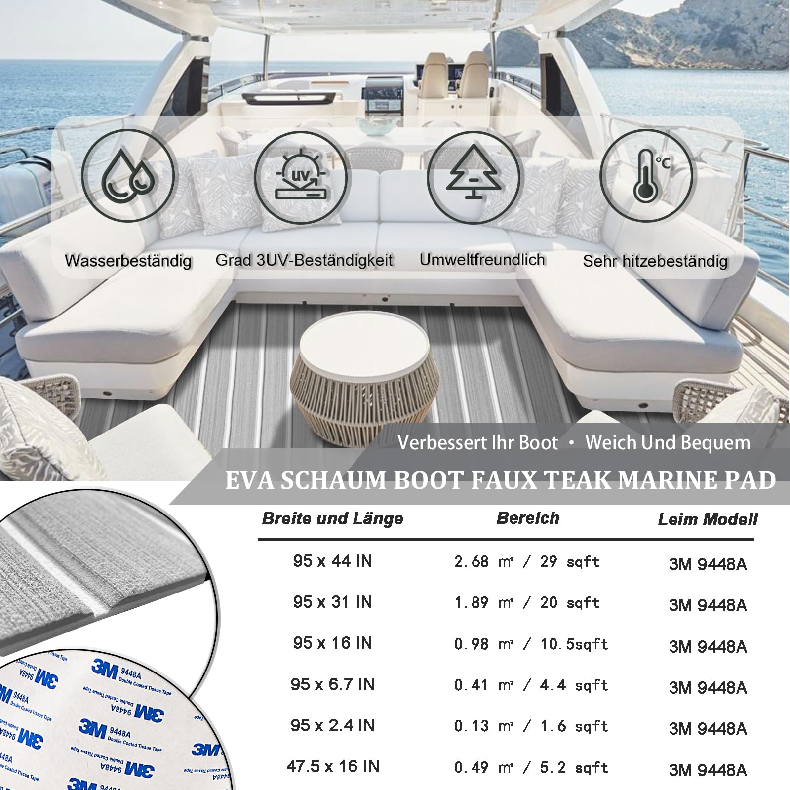 HXBYX Revêtement de sol en mousse EVA avec support autocollant 3M pour bricolage, bateau, feuille de marine, en faux teck, antidérapant, pour kayak, yacht, piscine, camping-car, 240 x 112 cm, 240 x 79