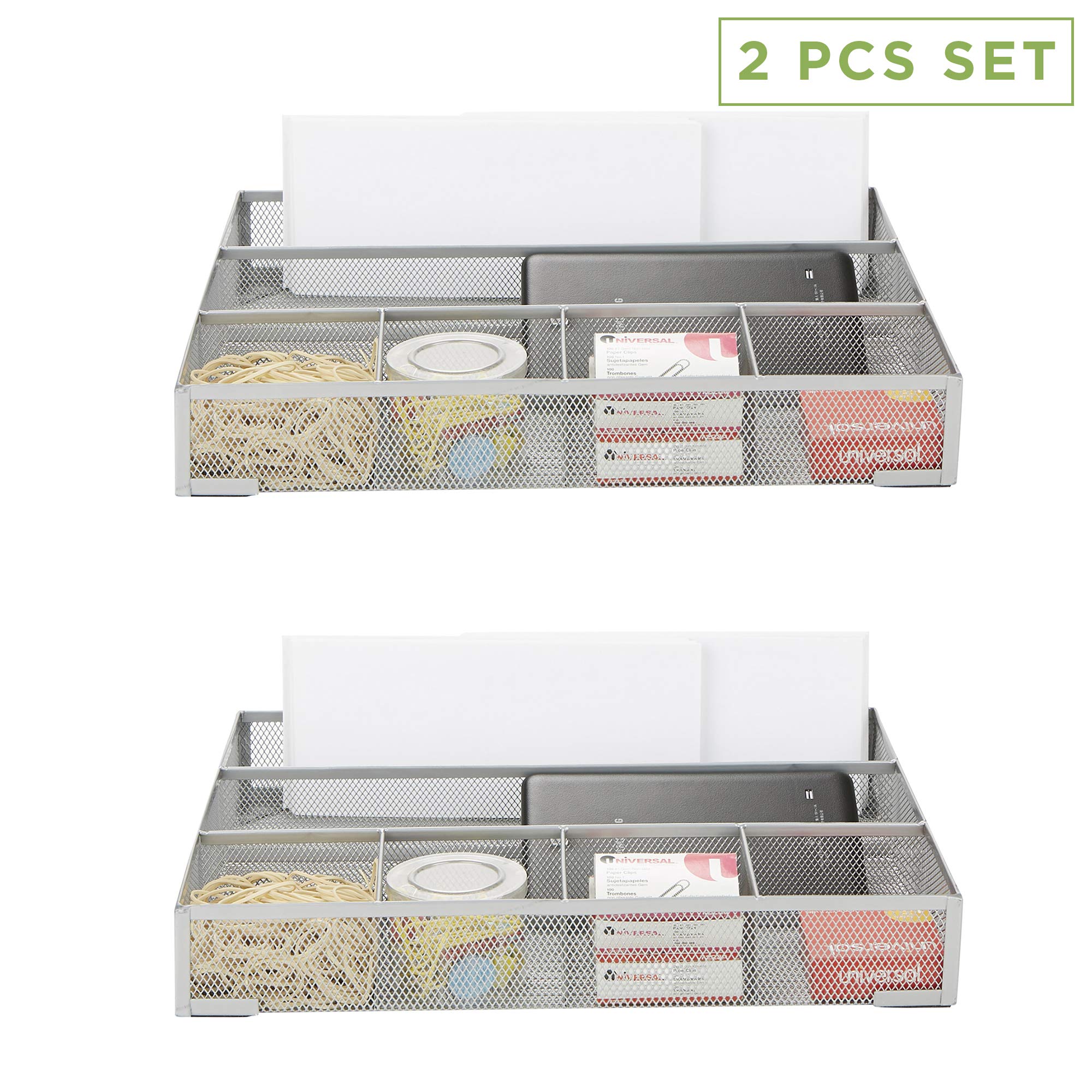 Mind Reader 2 Piece Mesh Drawer Office, Desk Supplies Organizer, 6 Compartments, Silver, Metal